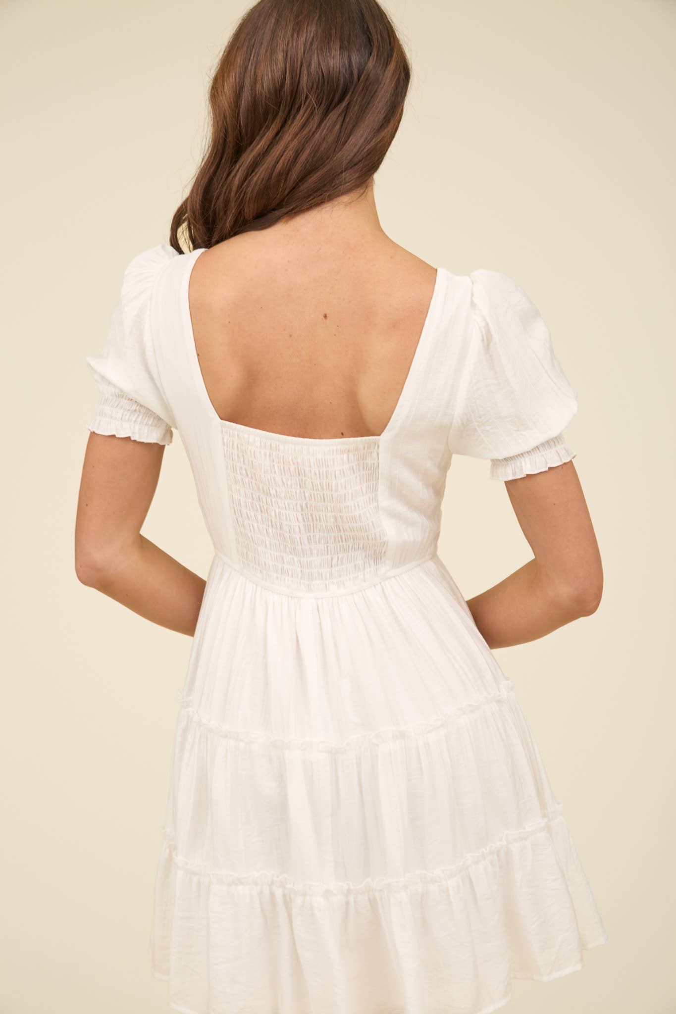 SQUARE NECK SMOCKED DETAIL TIERED MINI DRESS