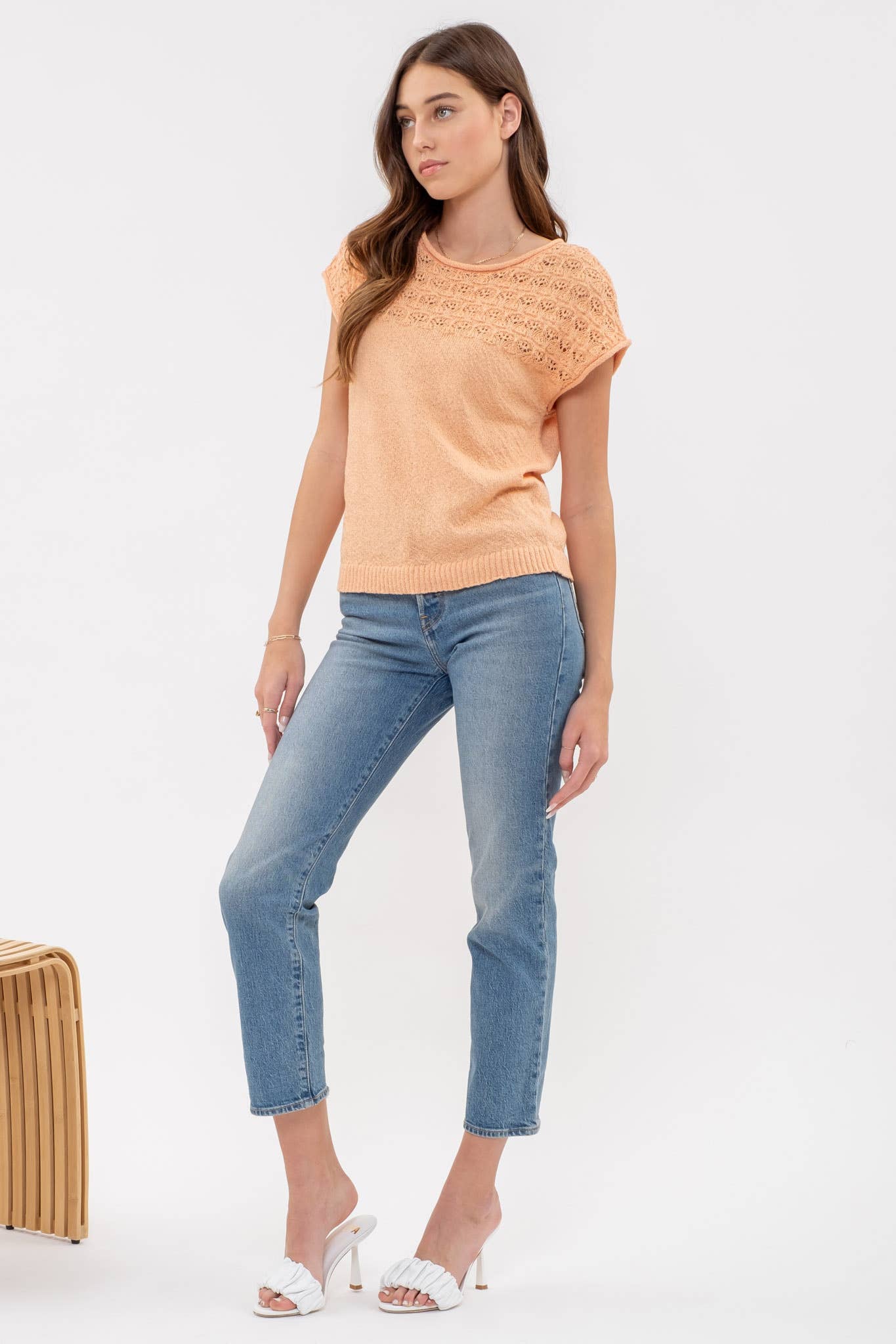 EYELET YOKE SWEATER KNIT TOP
