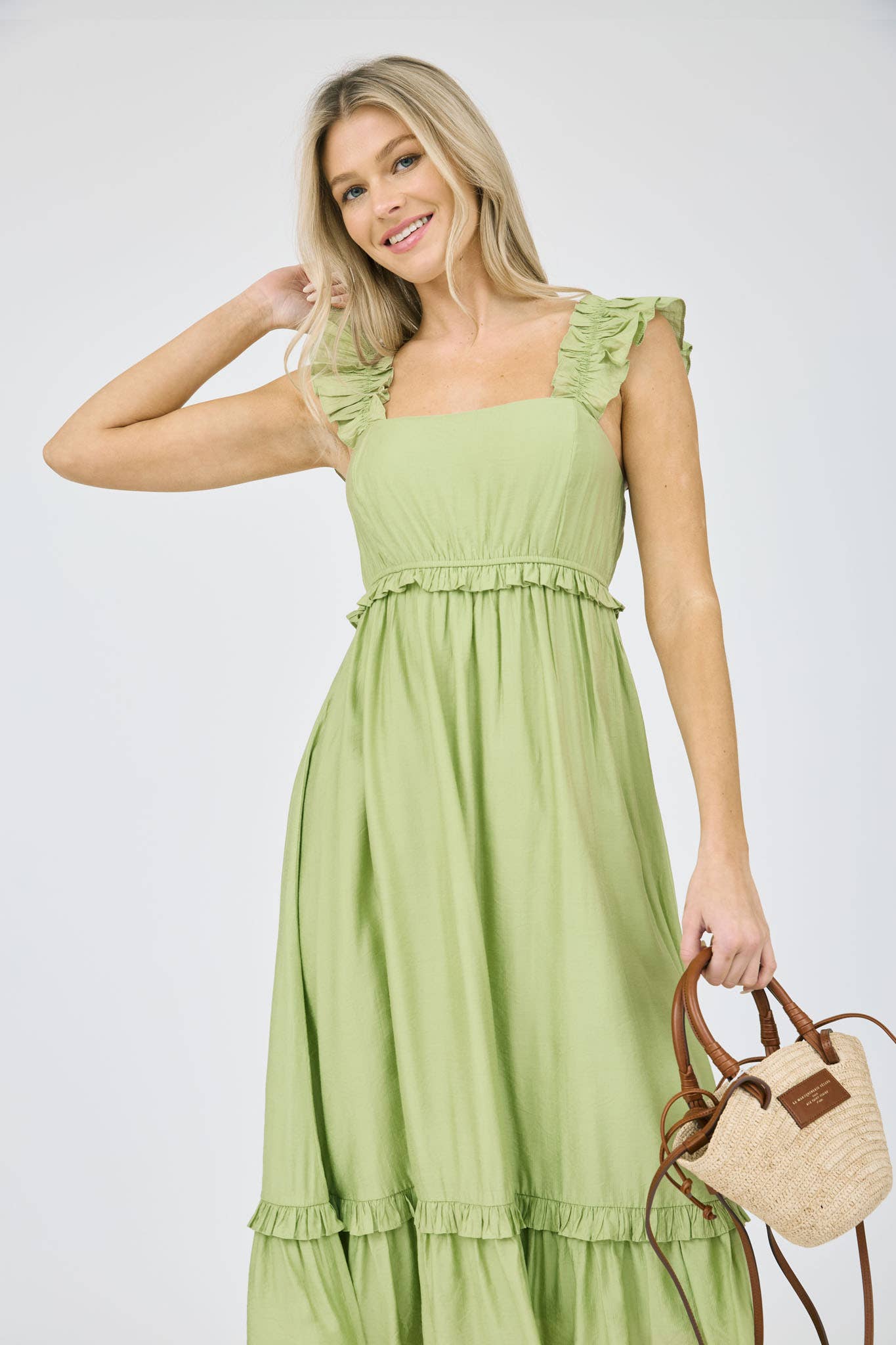 RUFFLE DETAIL EMPIRE WAIST SLEEVELESS MIDI DRESS