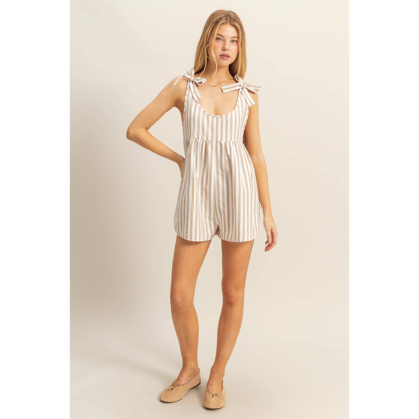 HF25E269-Striped Bow Accent Shoulders Relaxed Fit Romper