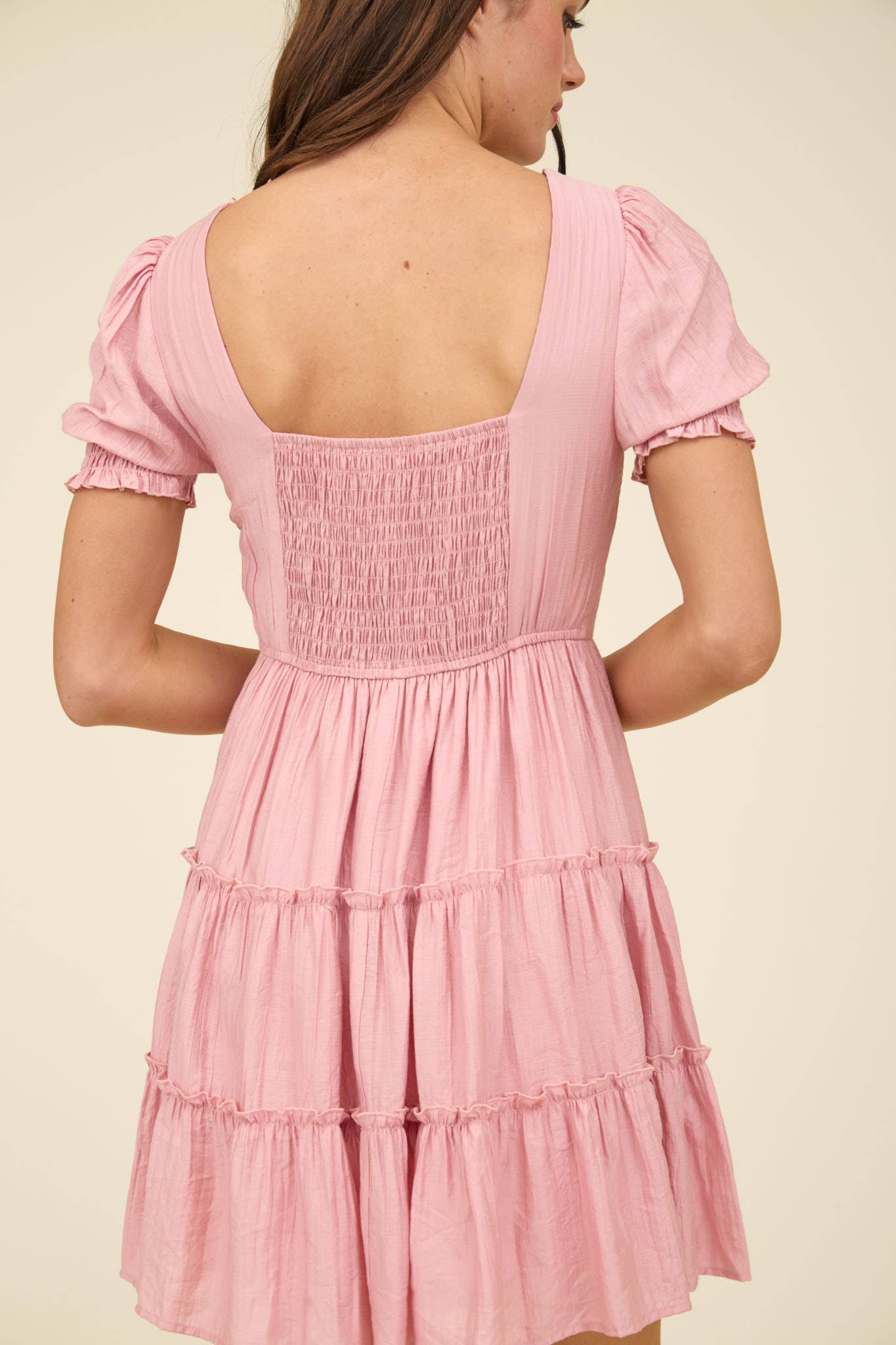 SQUARE NECK SMOCKED DETAIL TIERED MINI DRESS