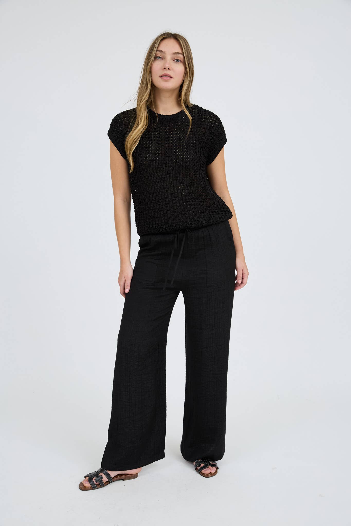CROCHET KNIT BATWING SHORT SLEEVE SWEATER TOP