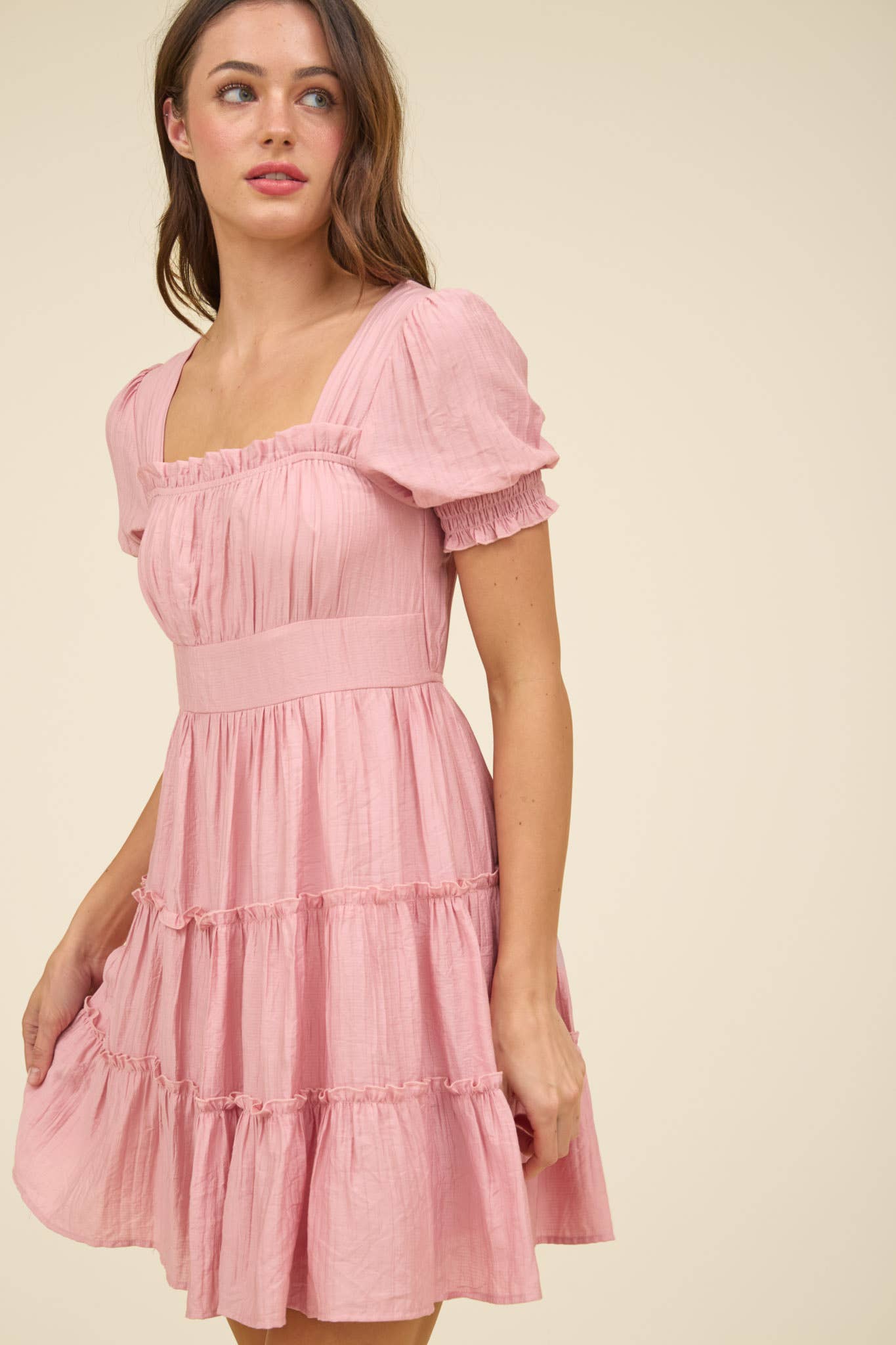 SQUARE NECK SMOCKED DETAIL TIERED MINI DRESS