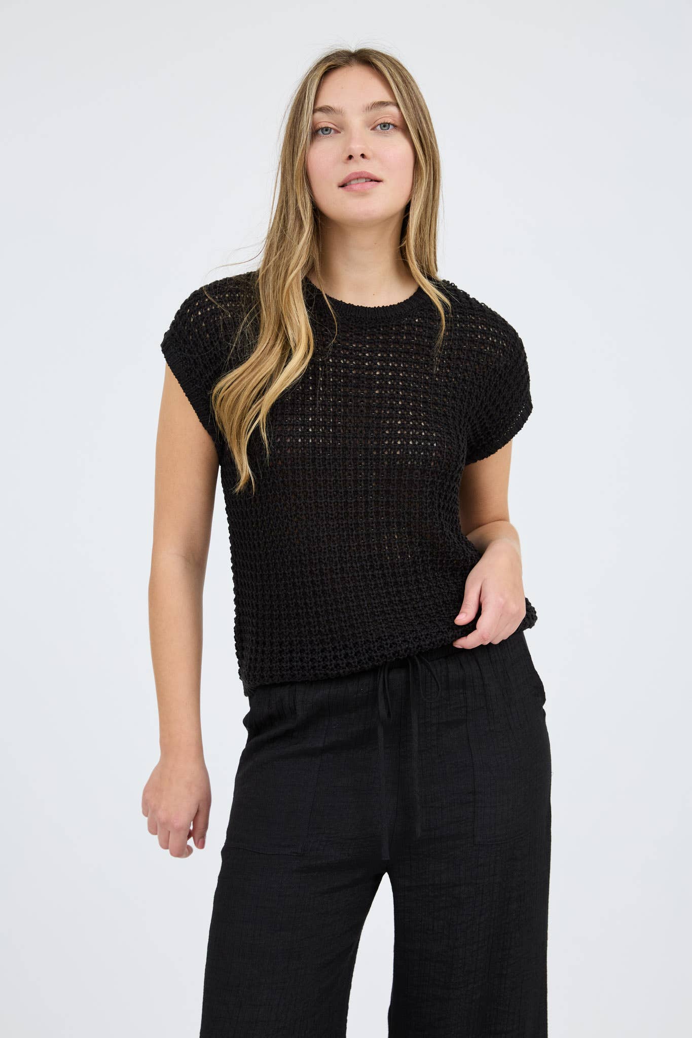 CROCHET KNIT BATWING SHORT SLEEVE SWEATER TOP