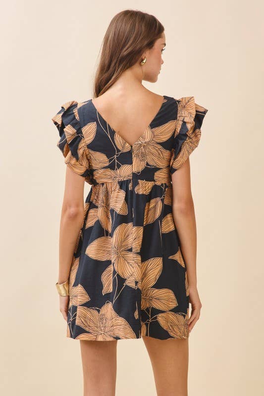 CD06103-Floral Print Plunging V Neck Empire Waist Dress