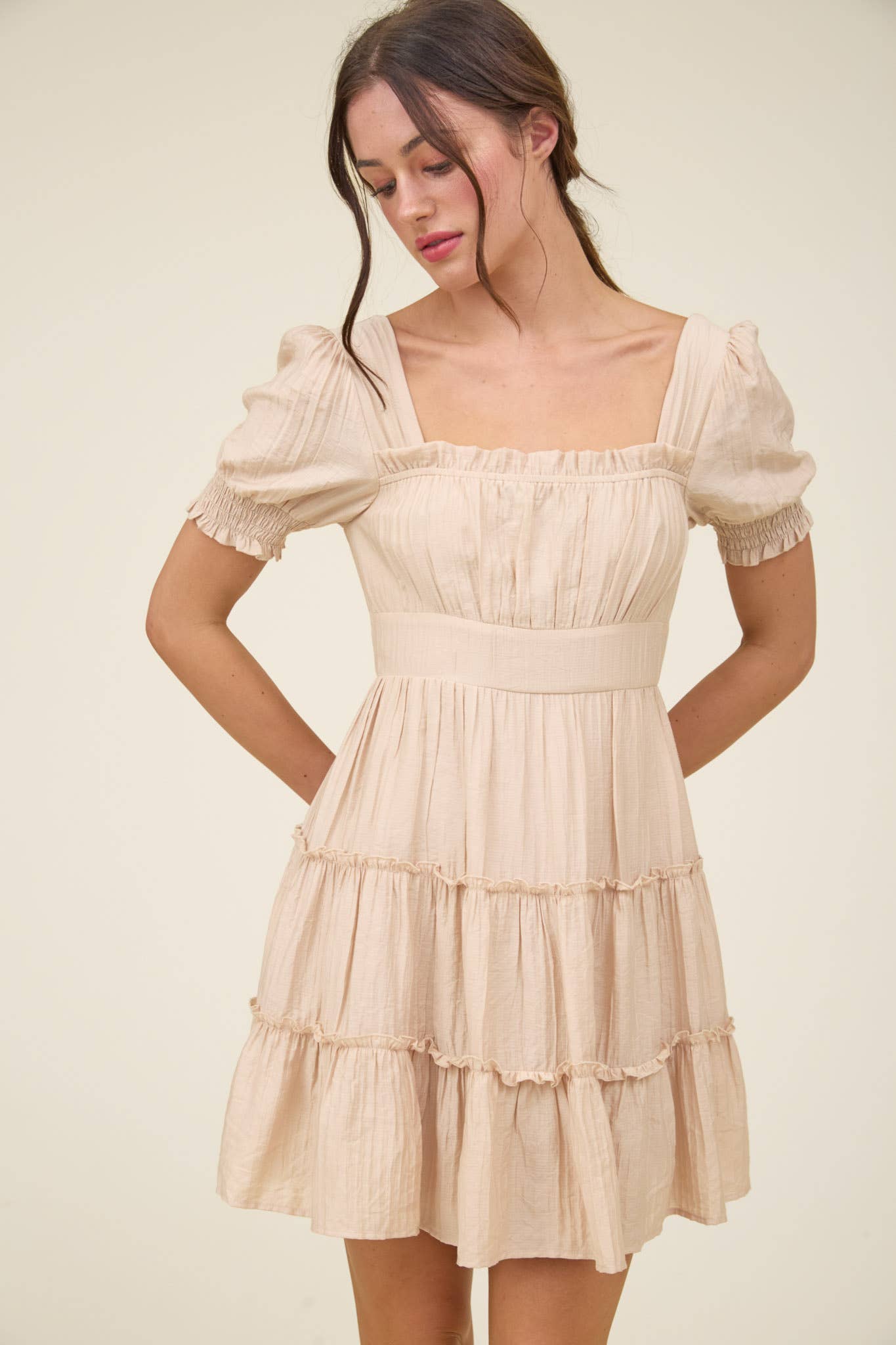 SQUARE NECK SMOCKED DETAIL TIERED MINI DRESS