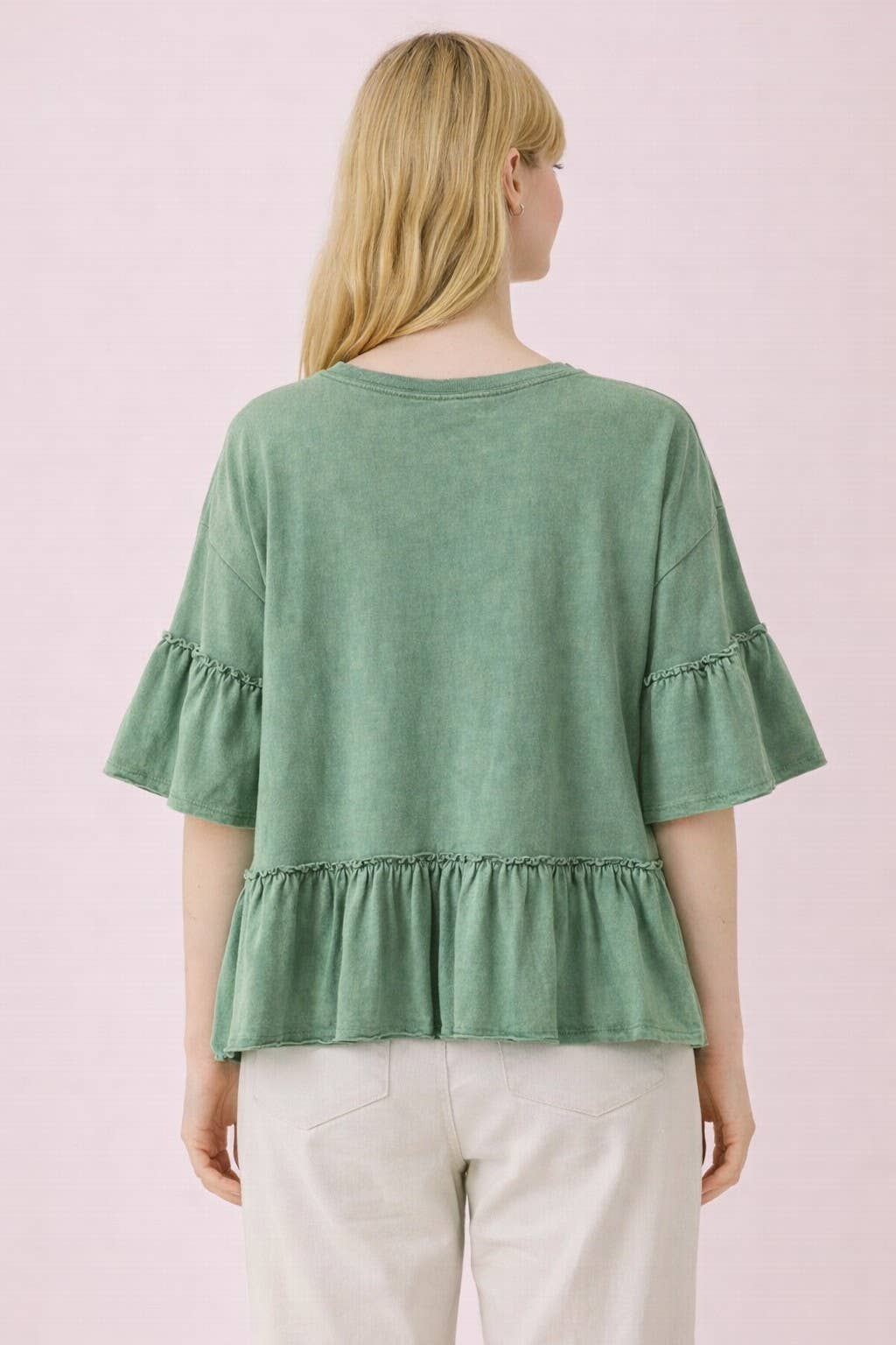 NT12430-Mineral Washed Ruffle Detail Knit Top