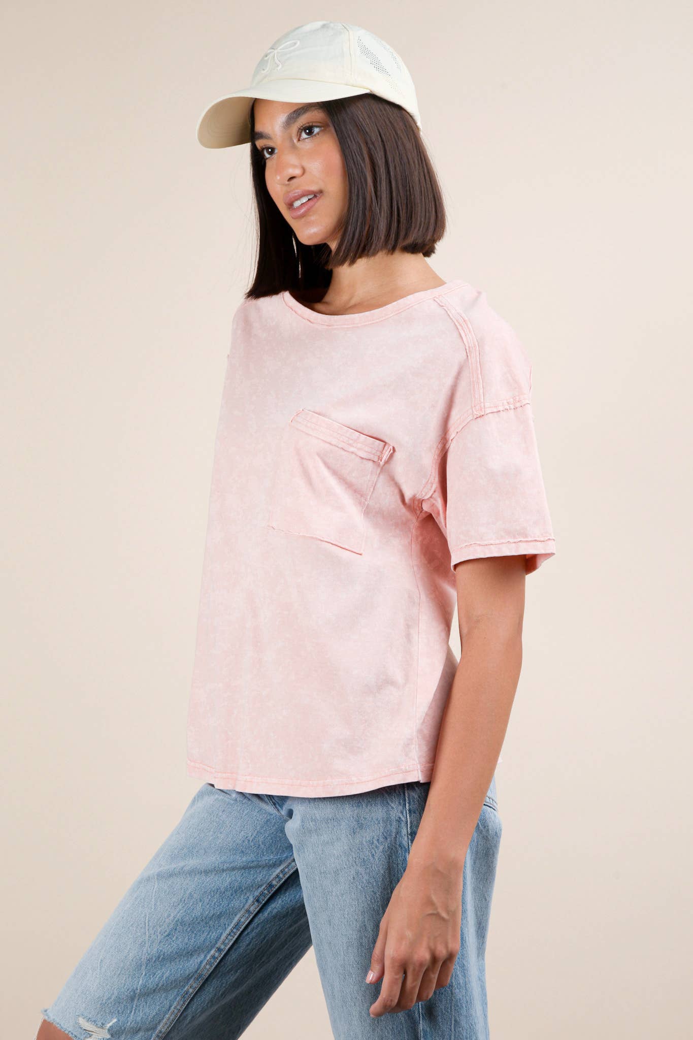 Mineral Washed Knit Top with Pocket white