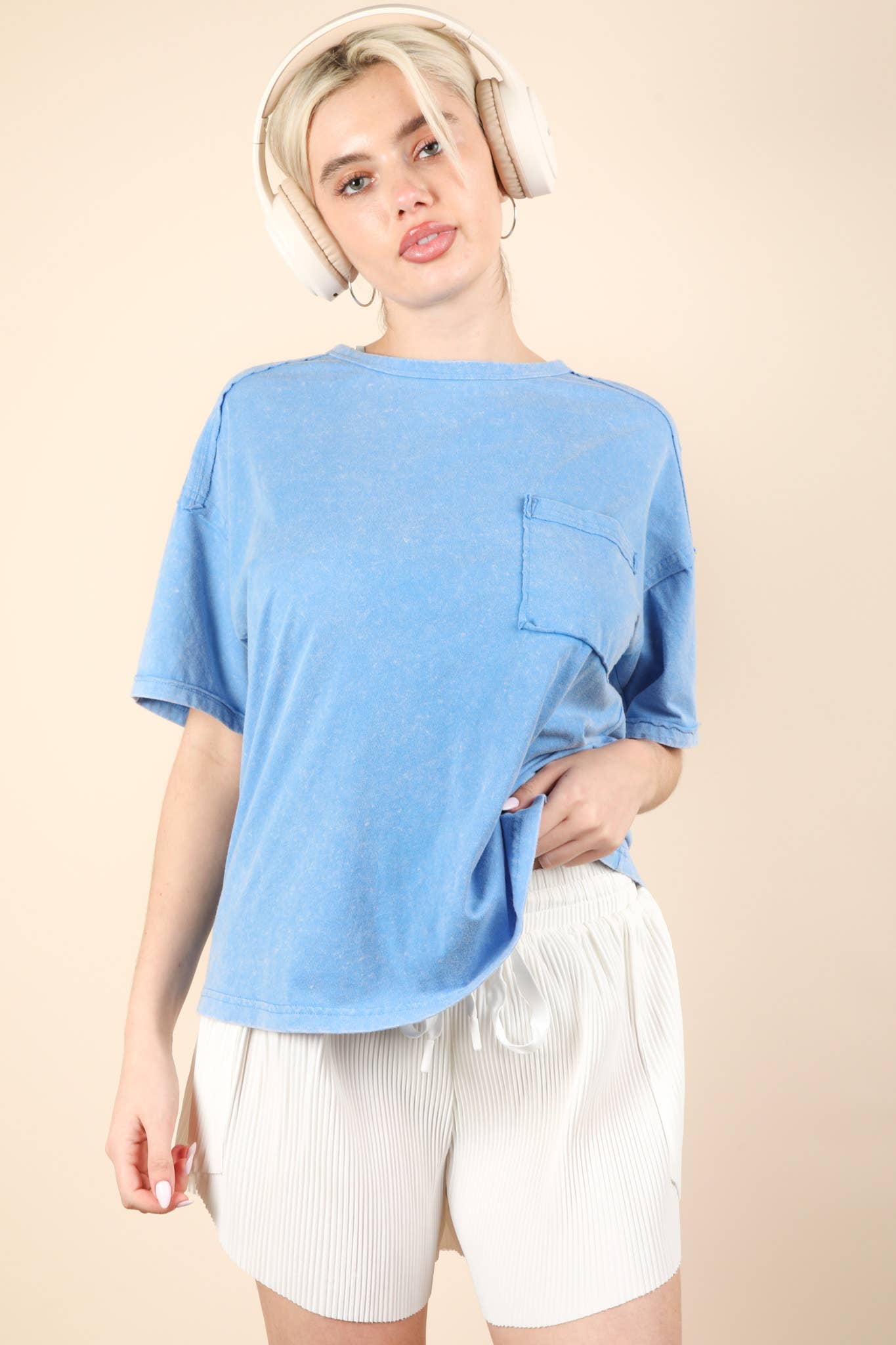 Mineral Washed Knit Top with Pocket white