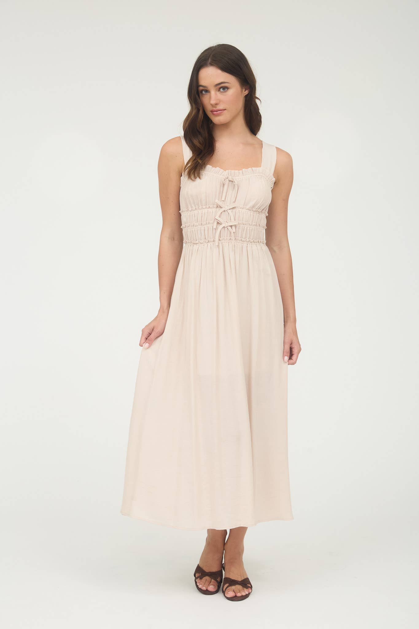 SHIRRED FRONT TIE DETAIL SLEEVELESS MIDI DRESS