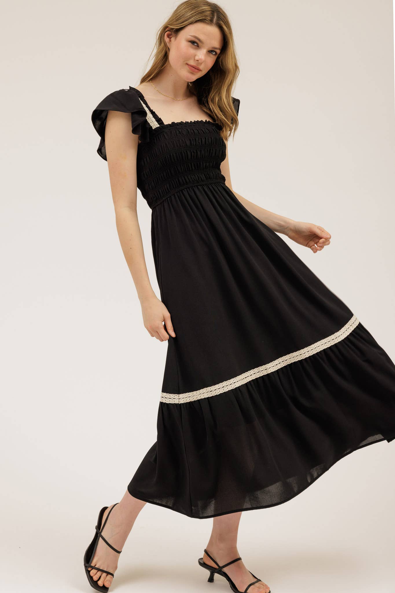 CONTRAST DETAIL SMOCKED RUFFLE MIDI DRESS