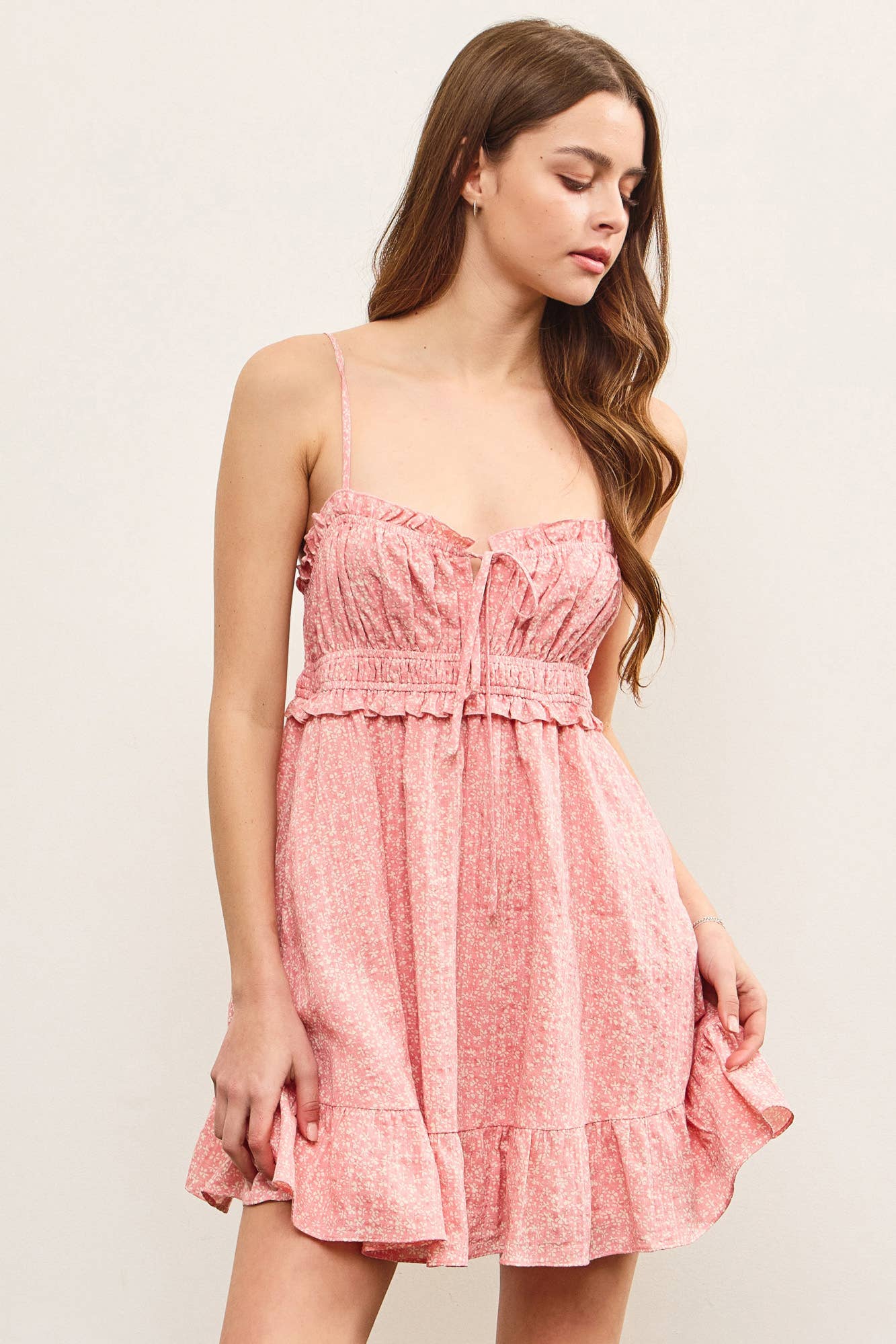 GATHERED FRONT RUFFLE HEM FLOWY CAMI DRESS
