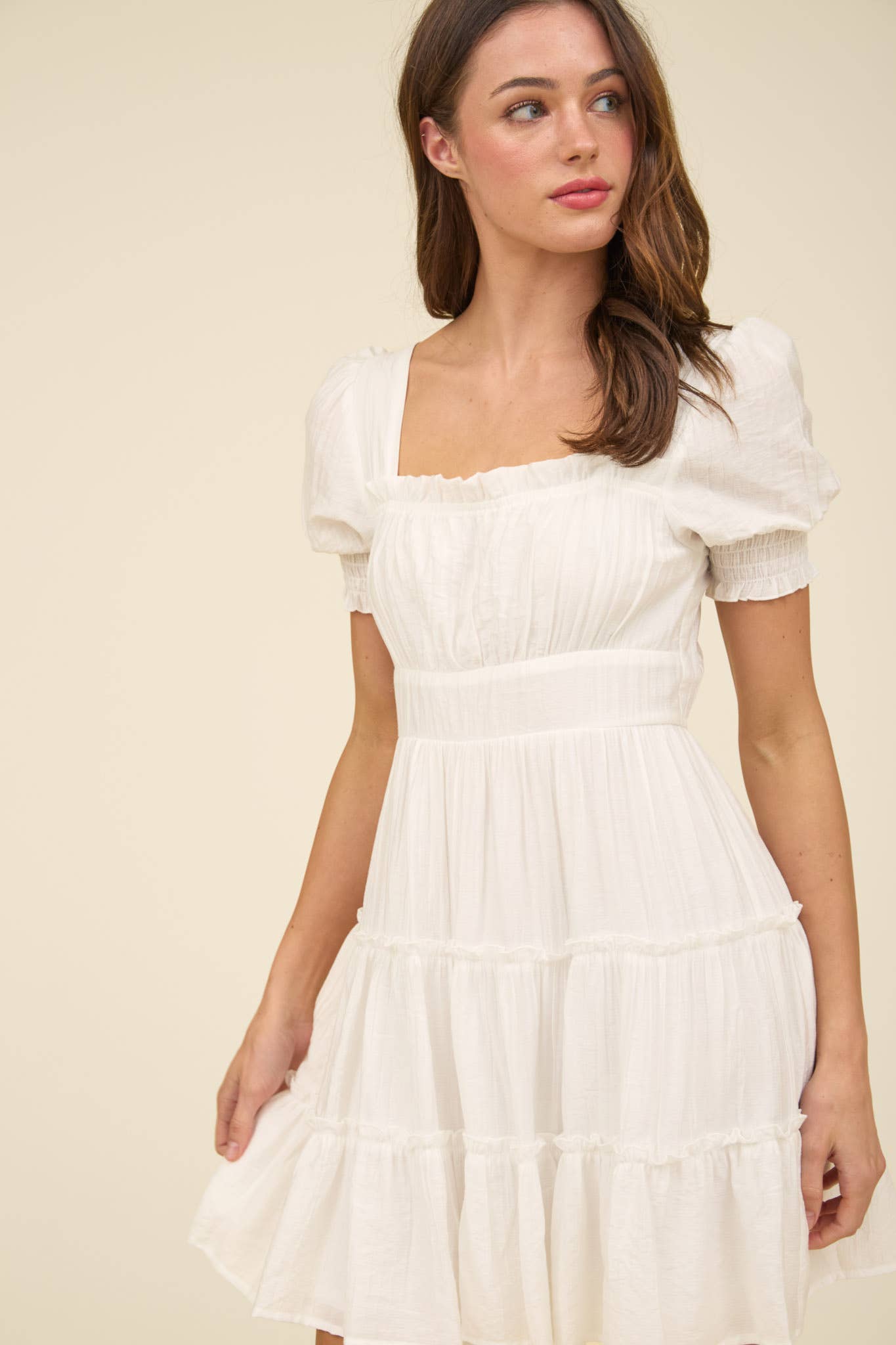SQUARE NECK SMOCKED DETAIL TIERED MINI DRESS