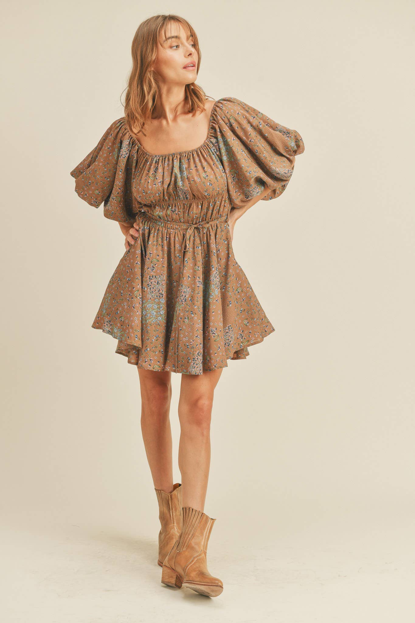 FLORAL PRINT BUBBLE SLEEVE FLARED MINI DRESS MDR1930
