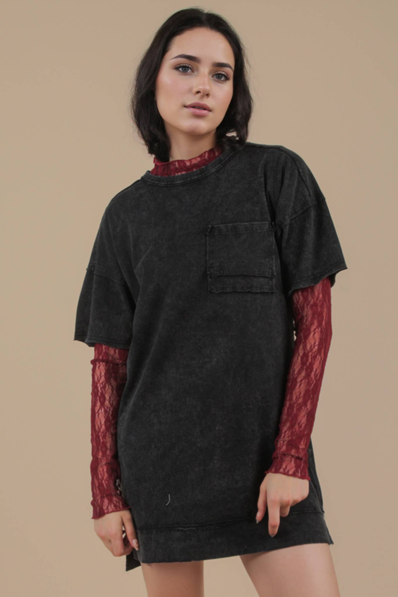 ND31634-Mineral Washed Knit Oversized Shift Mini Dress