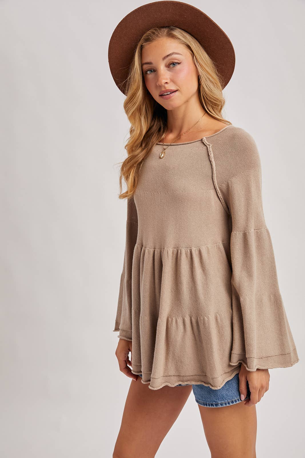OVER STITCH TIERED BABY DOLL BELL SLEEVED SWEATER