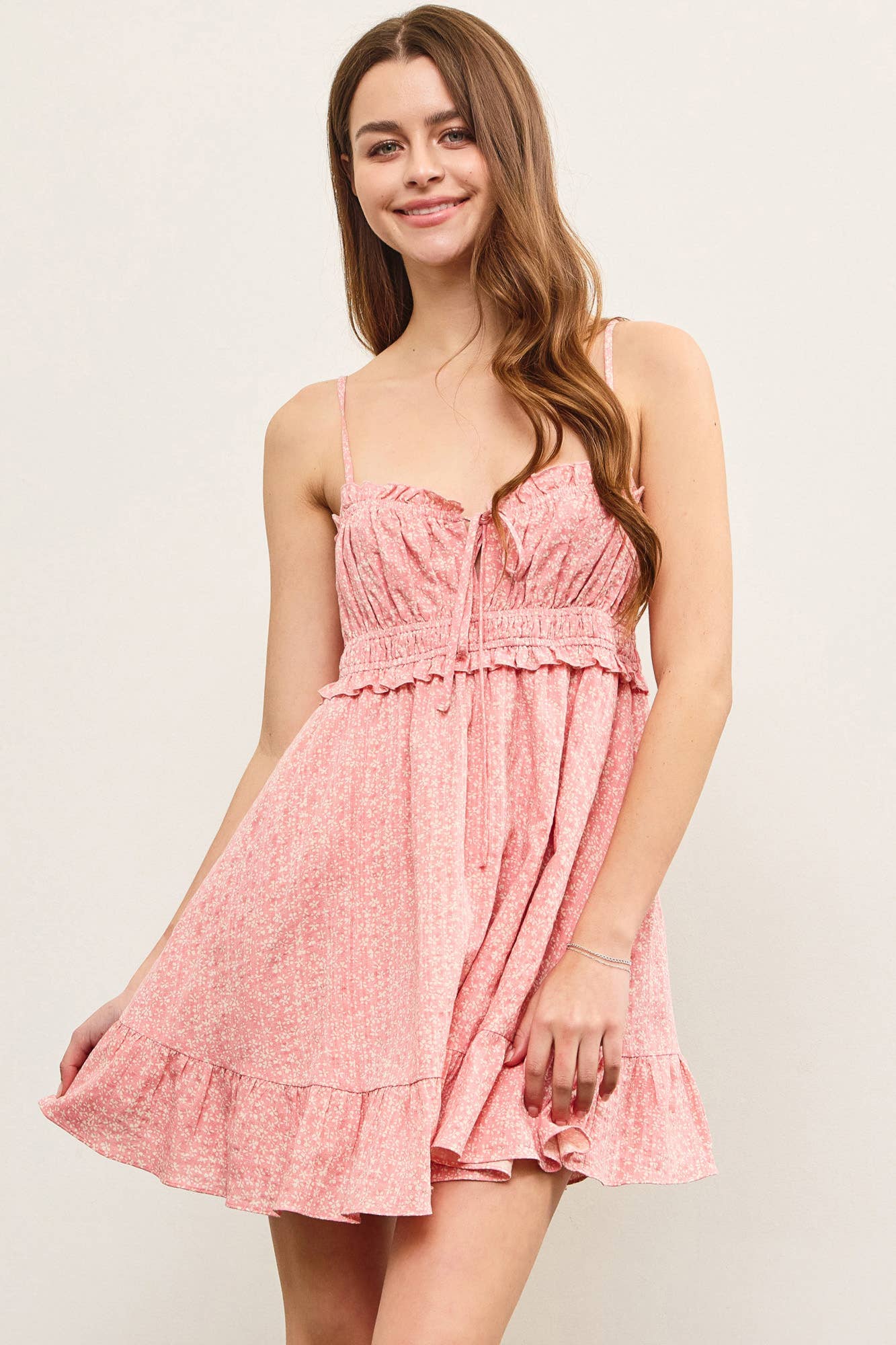 GATHERED FRONT RUFFLE HEM FLOWY CAMI DRESS