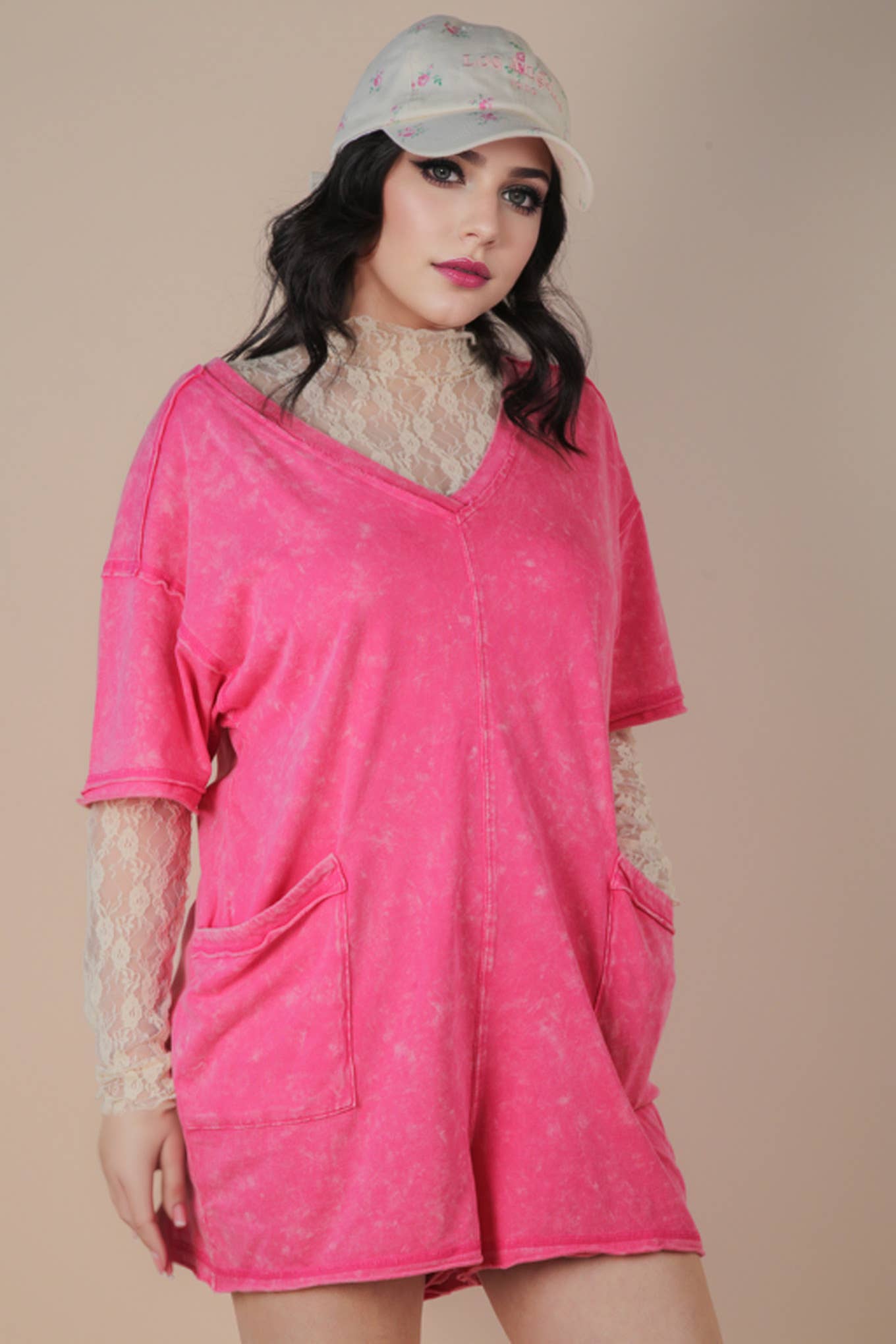 Mineral Washed Oversized Casual Knit Romper