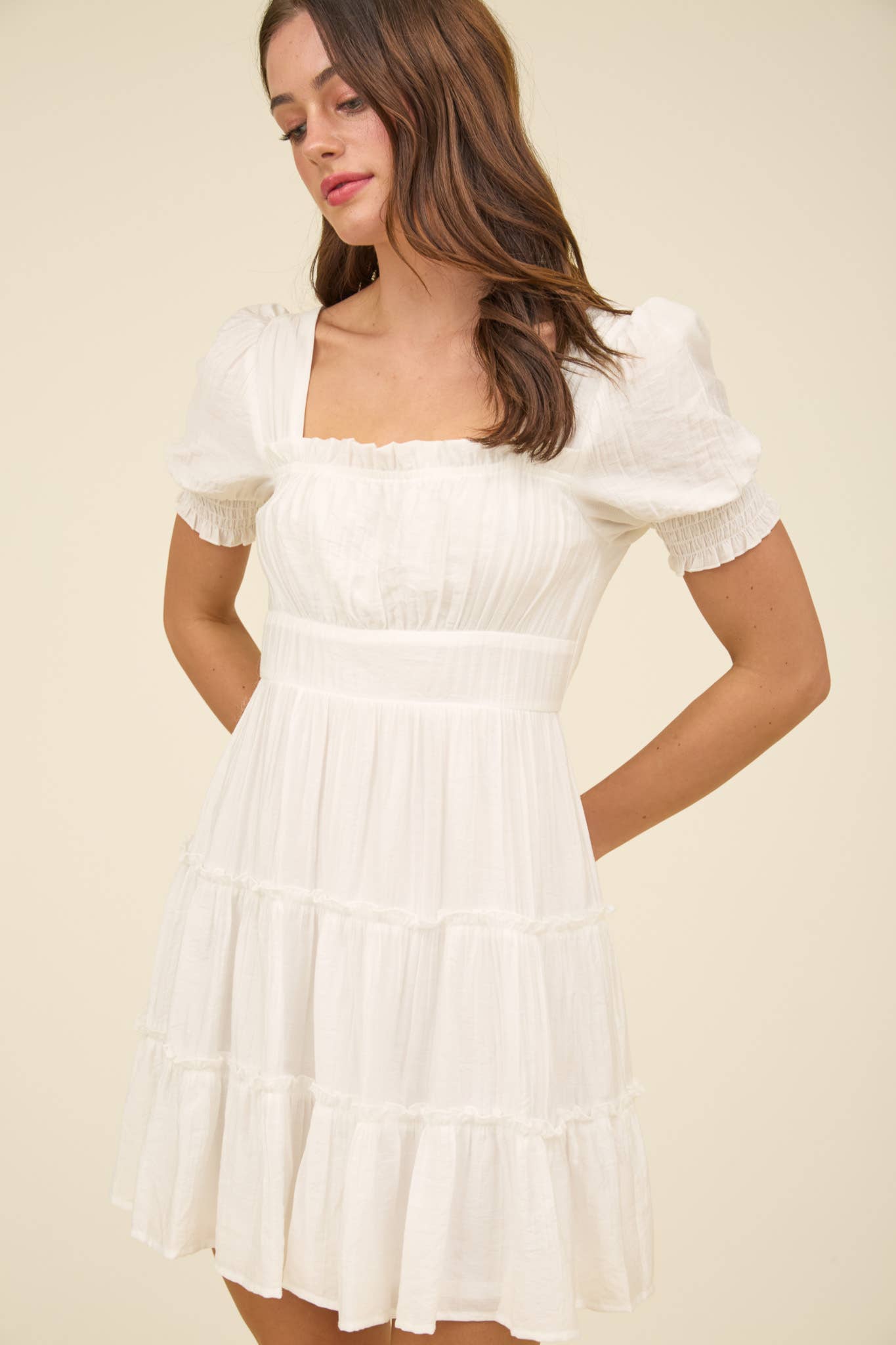SQUARE NECK SMOCKED DETAIL TIERED MINI DRESS