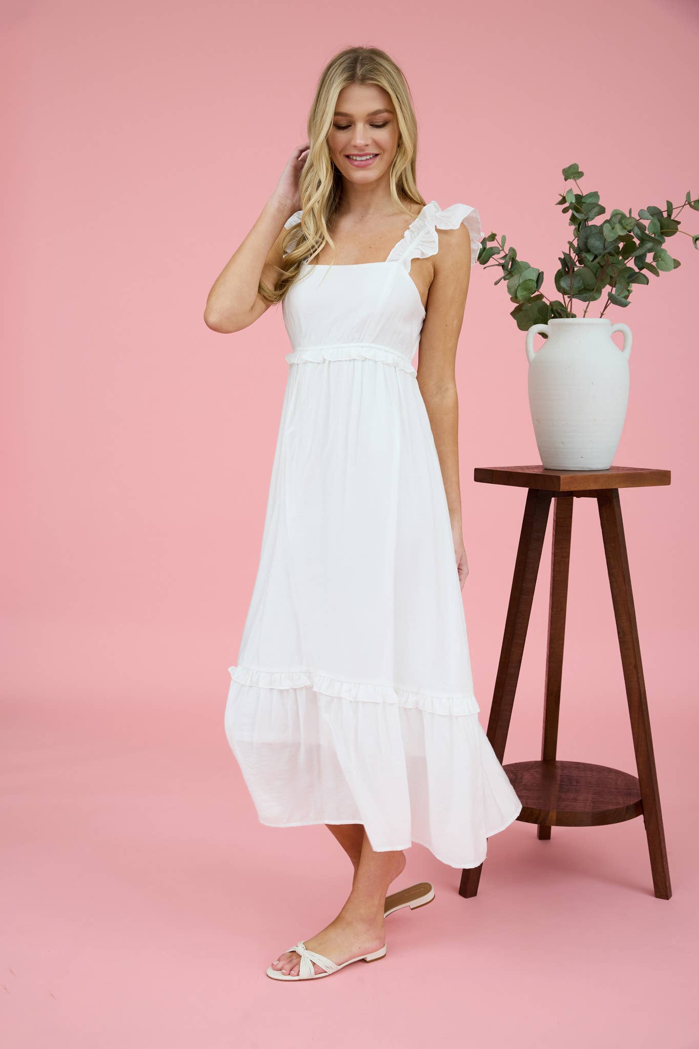 RUFFLE DETAIL EMPIRE WAIST SLEEVELESS MIDI DRESS