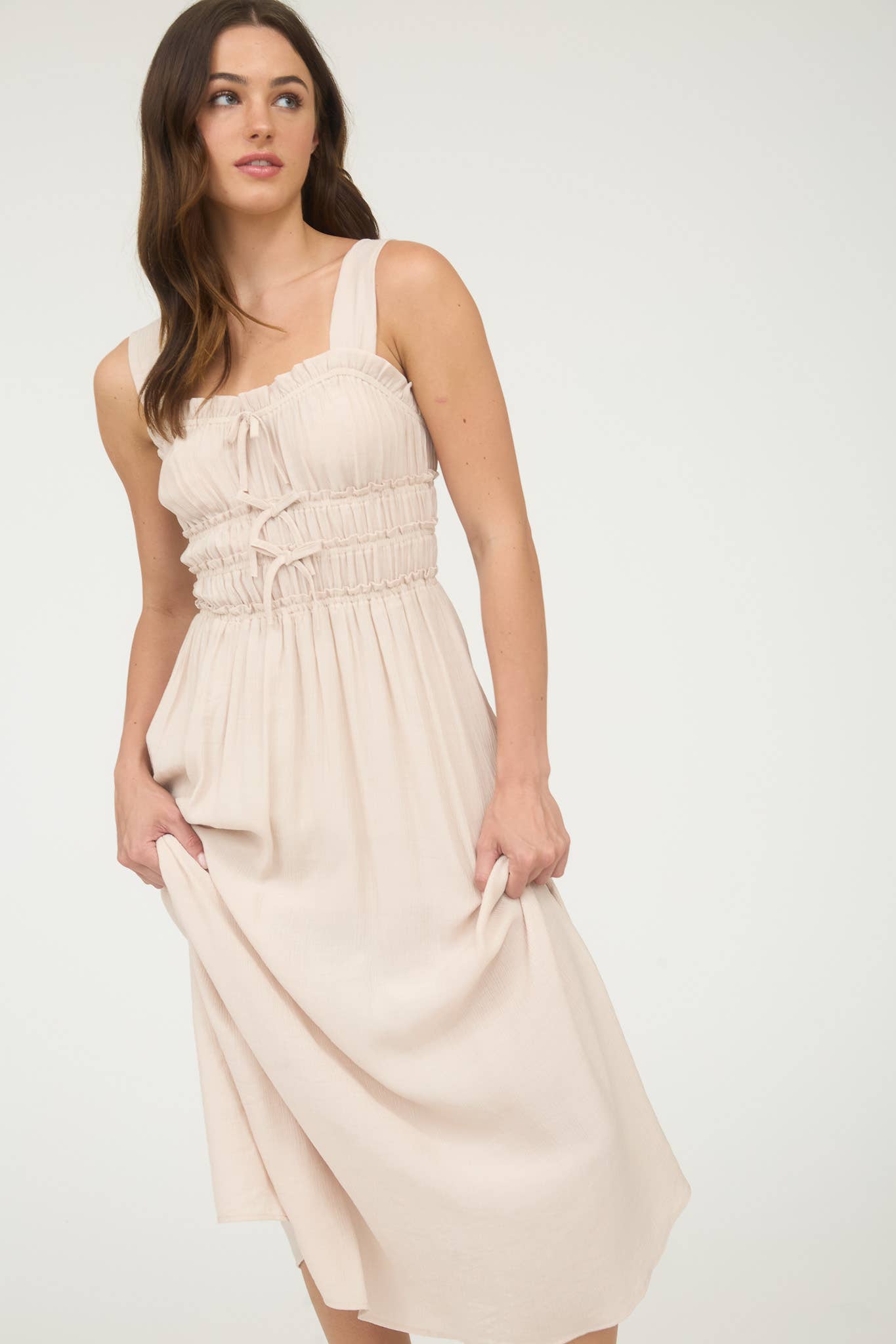 SHIRRED FRONT TIE DETAIL SLEEVELESS MIDI DRESS