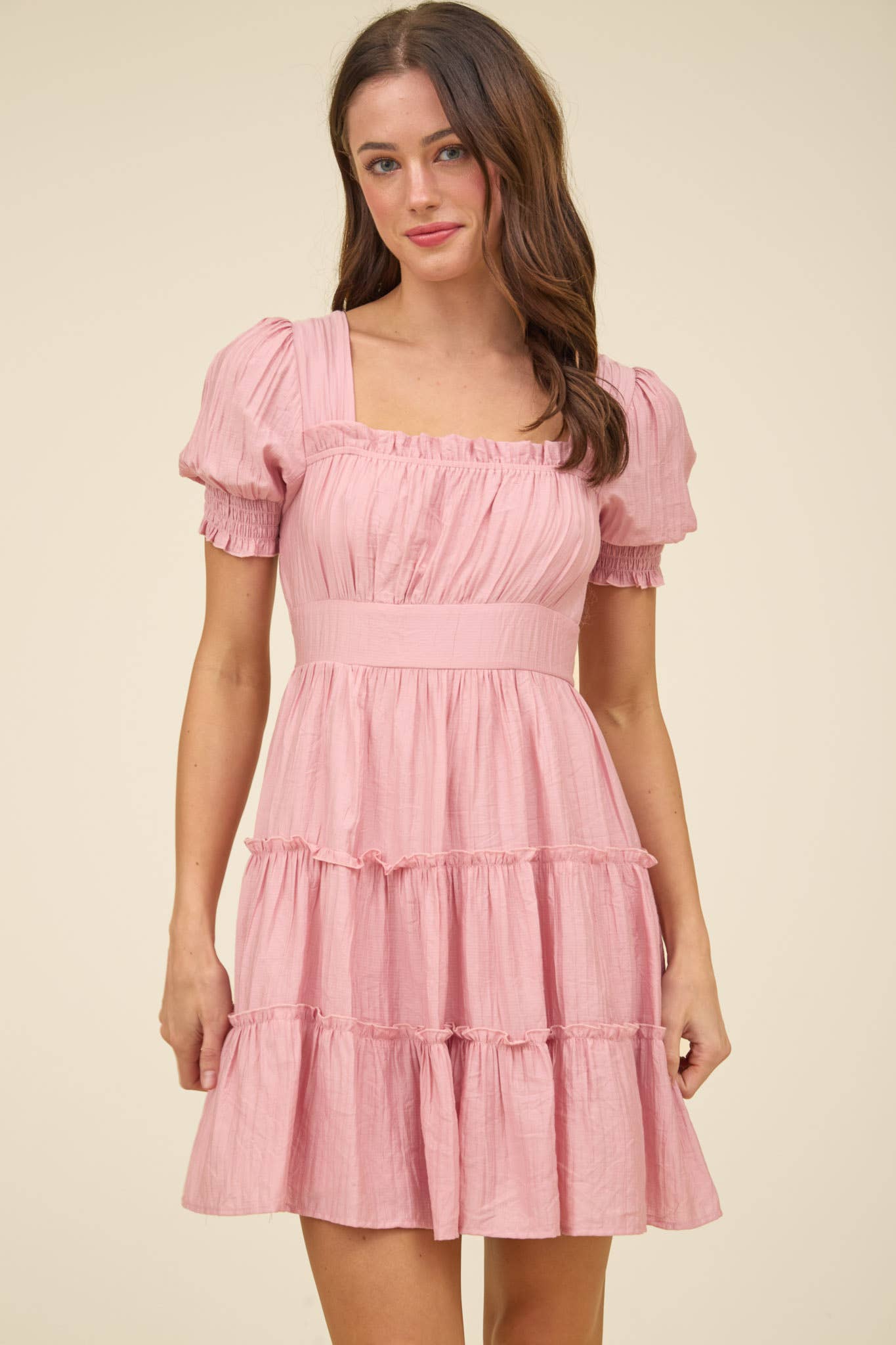 SQUARE NECK SMOCKED DETAIL TIERED MINI DRESS