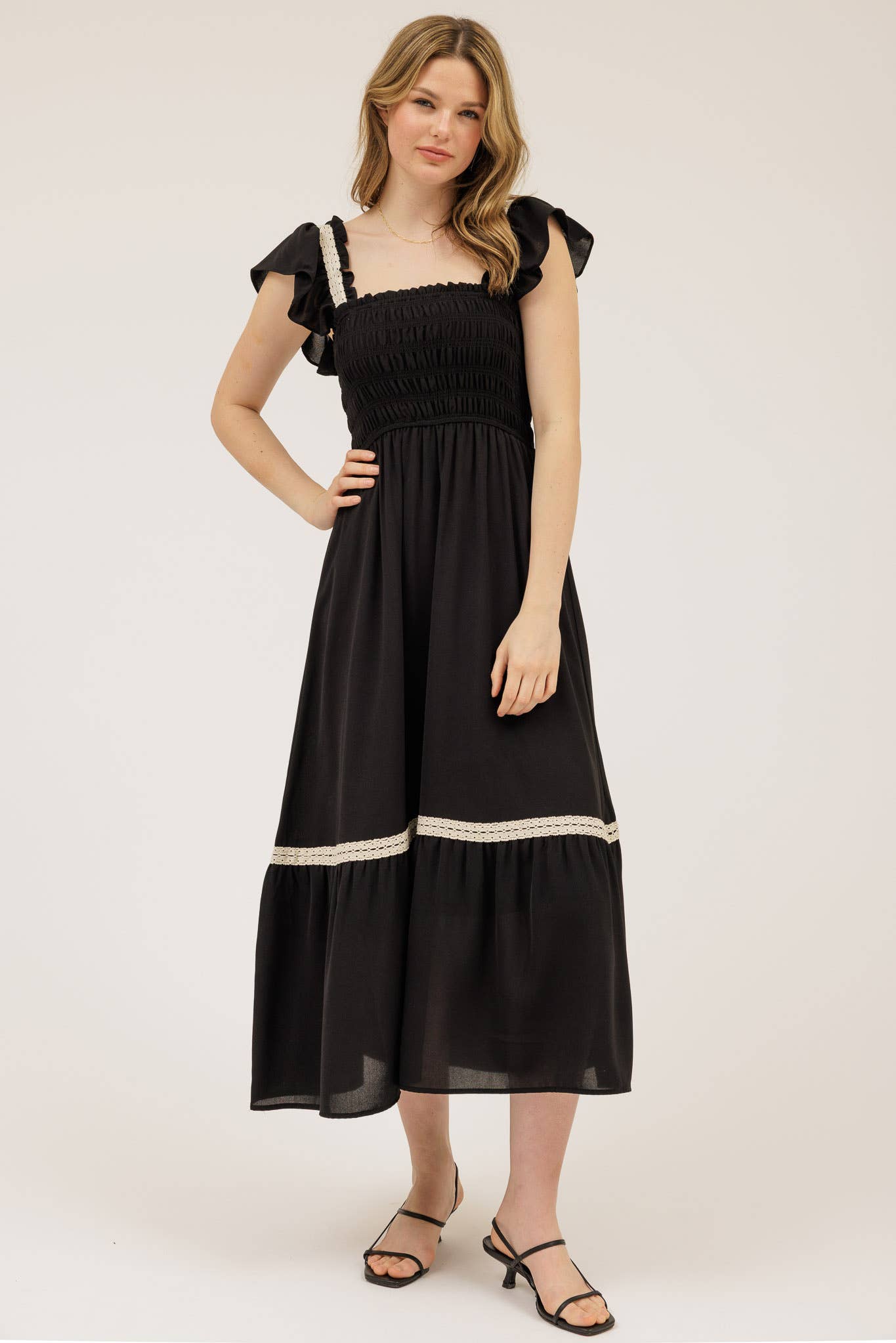 CONTRAST DETAIL SMOCKED RUFFLE MIDI DRESS
