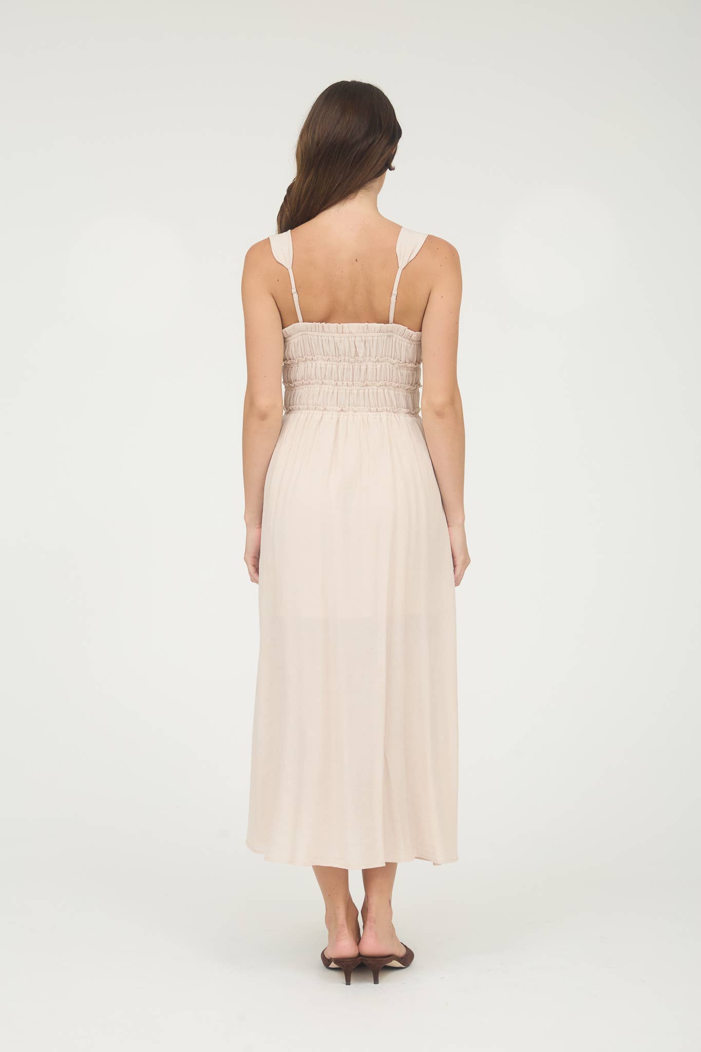 SHIRRED FRONT TIE DETAIL SLEEVELESS MIDI DRESS