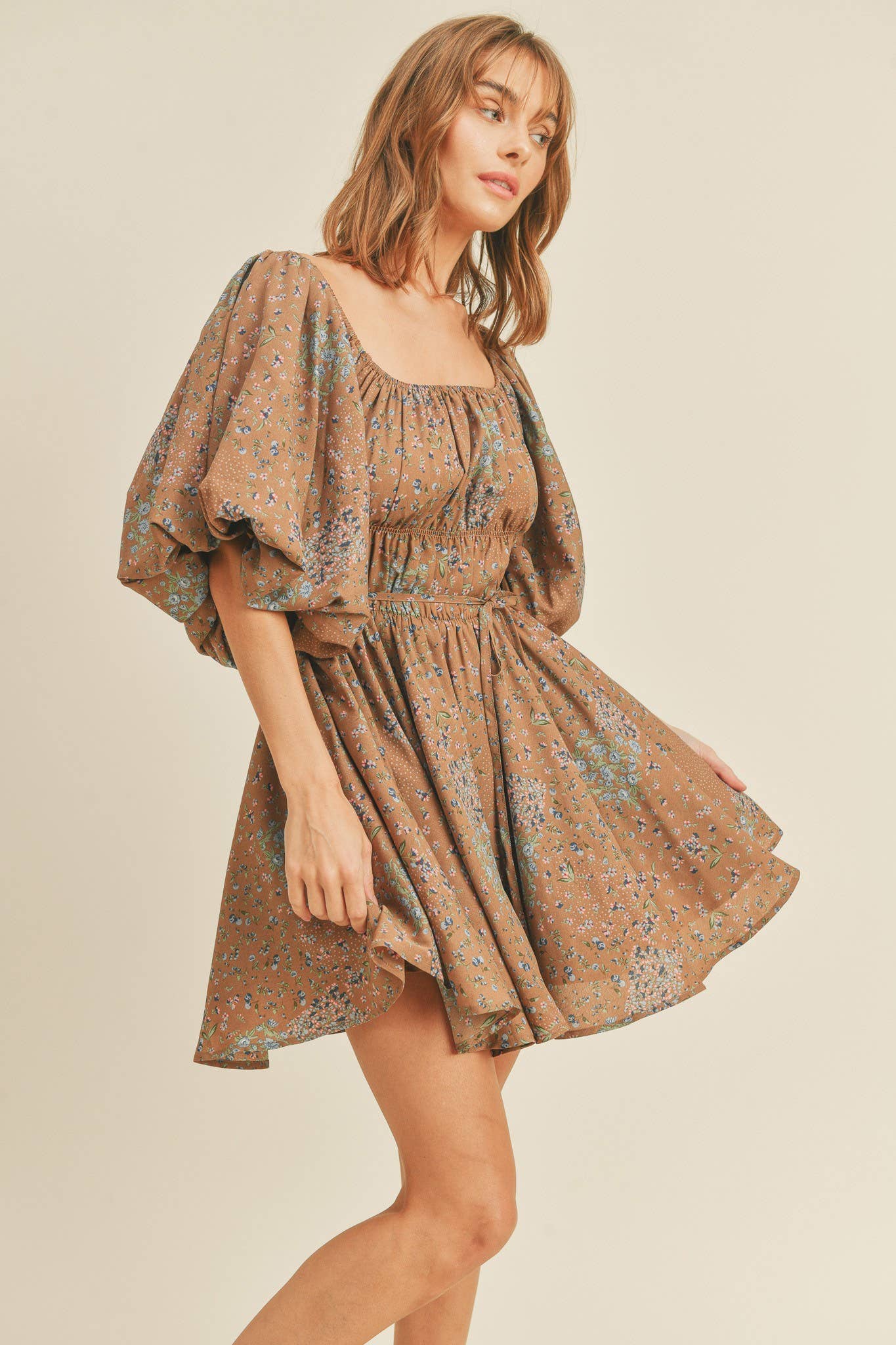 FLORAL PRINT BUBBLE SLEEVE FLARED MINI DRESS MDR1930