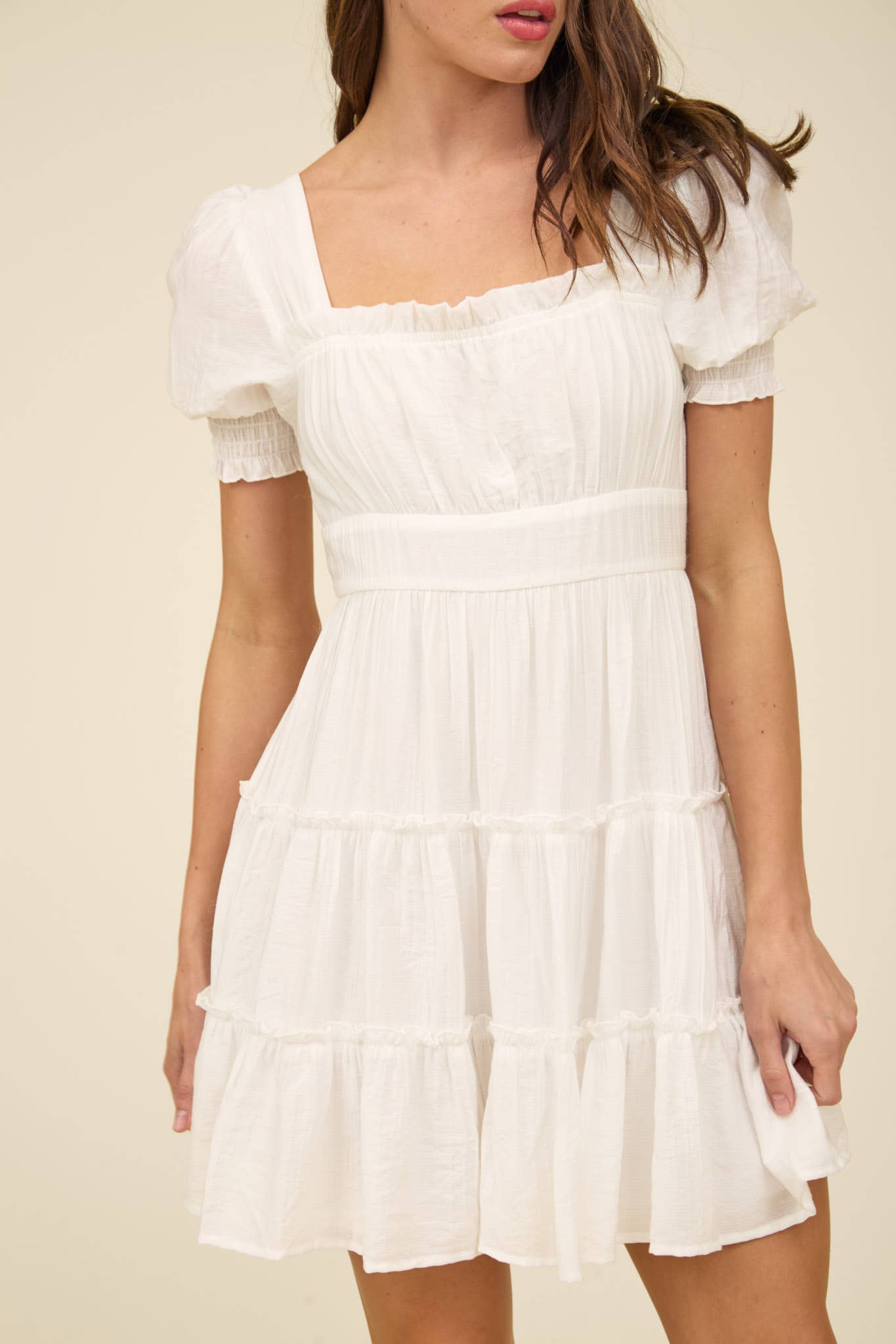SQUARE NECK SMOCKED DETAIL TIERED MINI DRESS