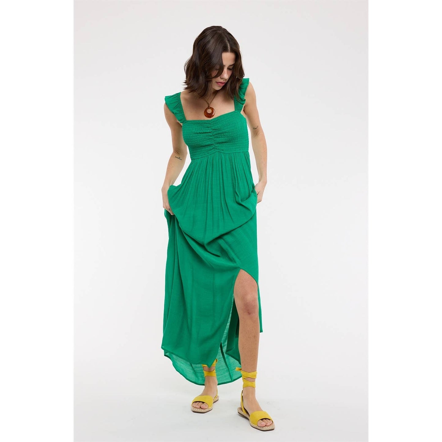 RUFFLE SLEEVE FRONT SLIT MAXI DRESS / WL25-12355
