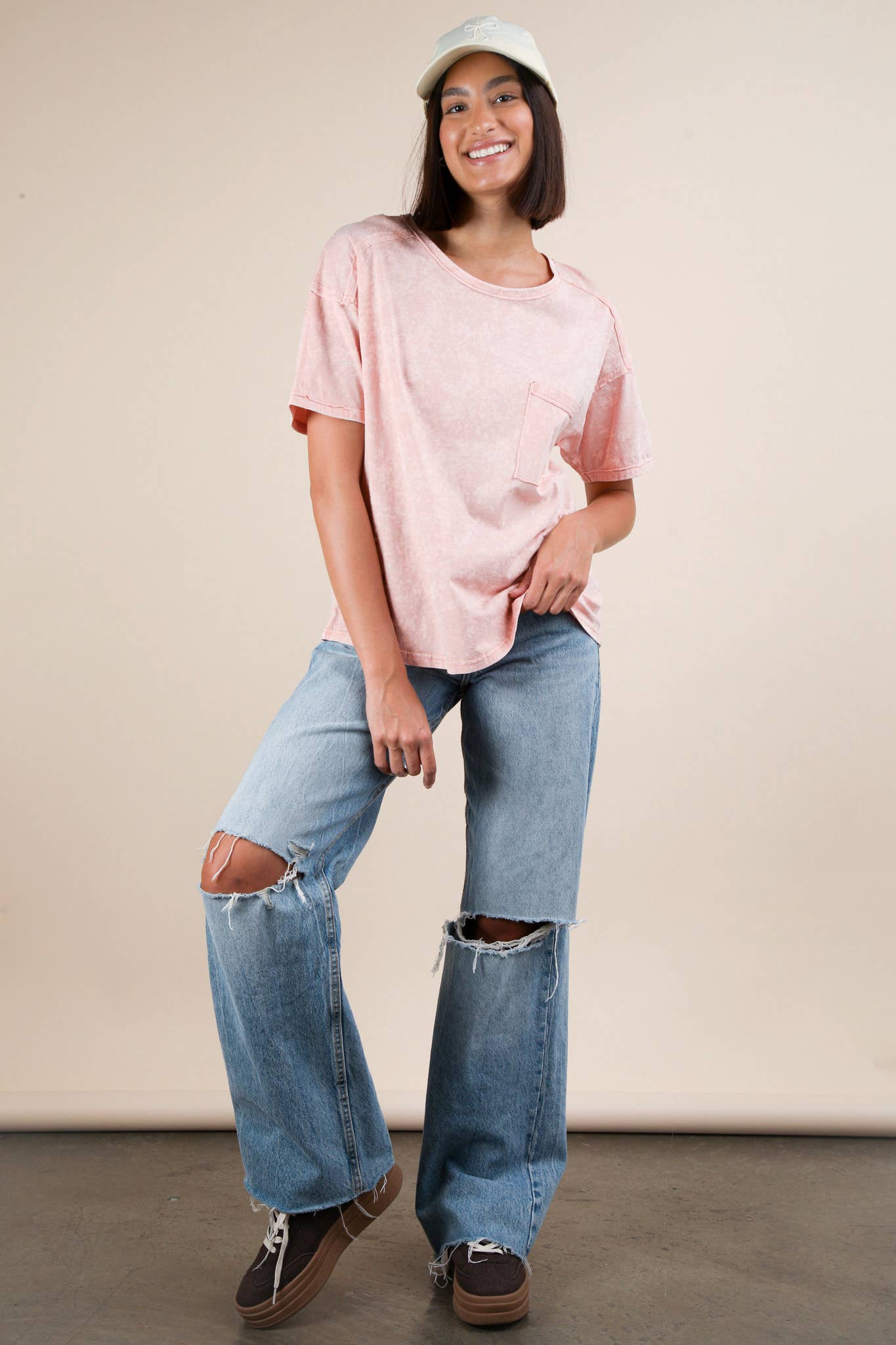 Mineral Washed Knit Top with Pocket white