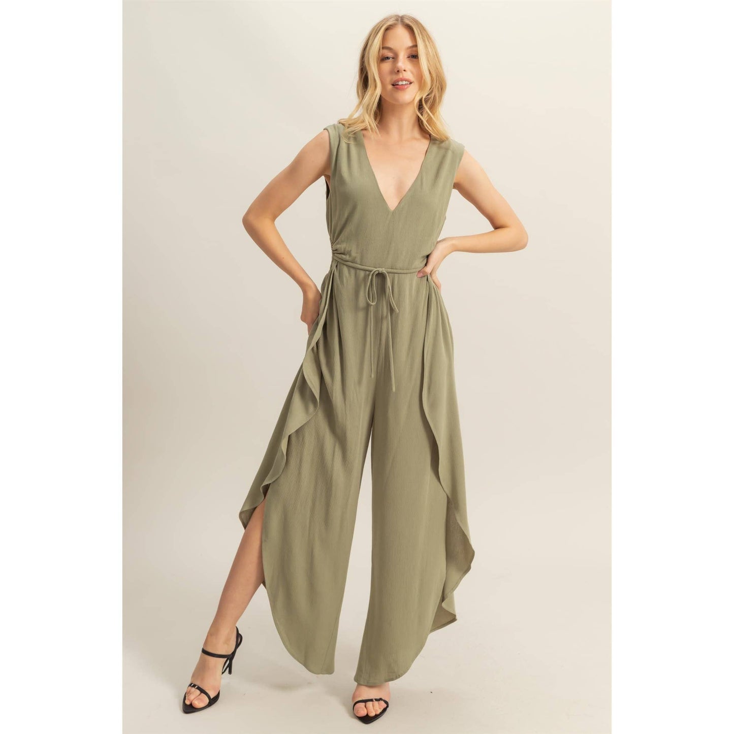 V-Neck Side Cutout Curved Hem Jumpsuit