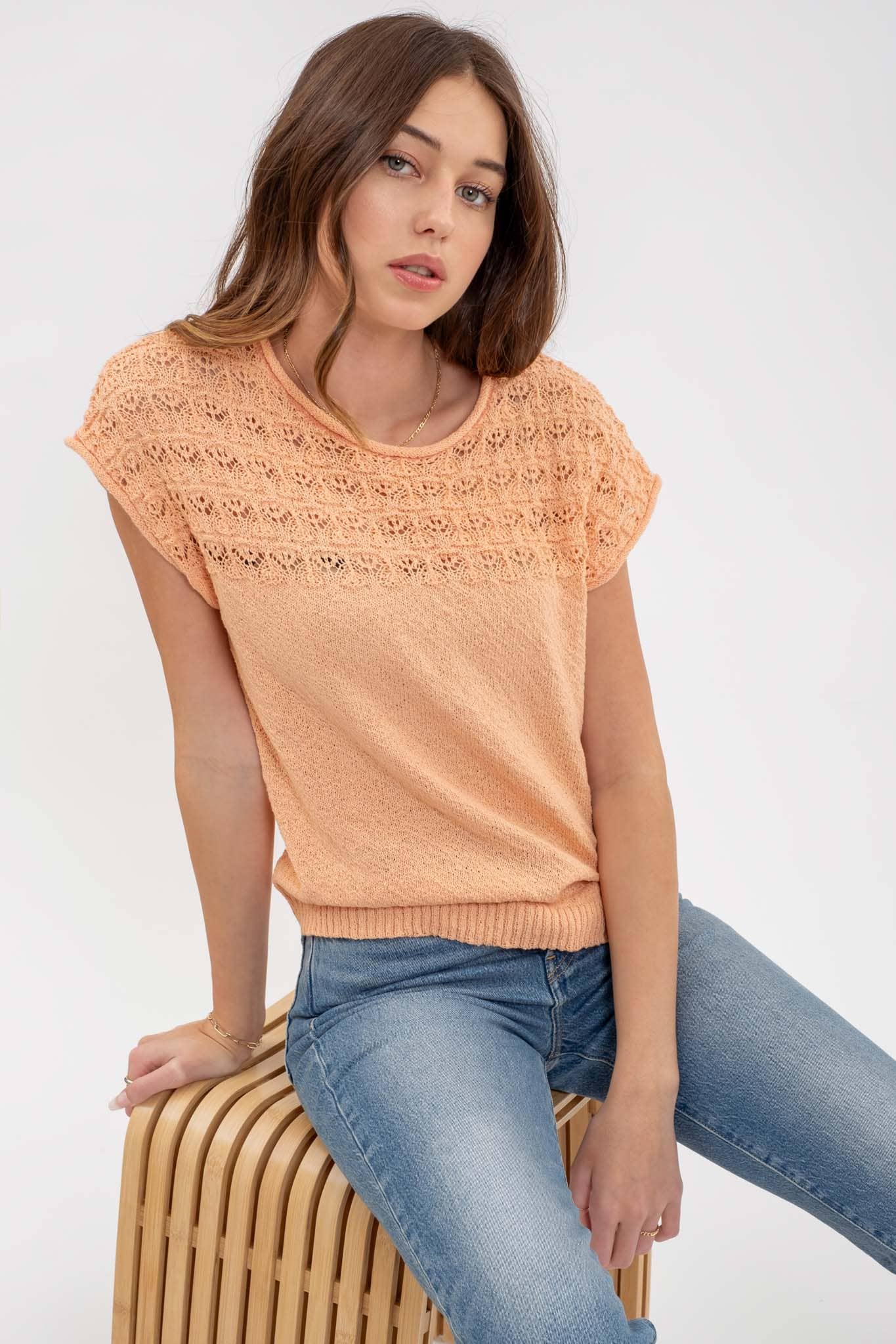 EYELET YOKE SWEATER KNIT TOP