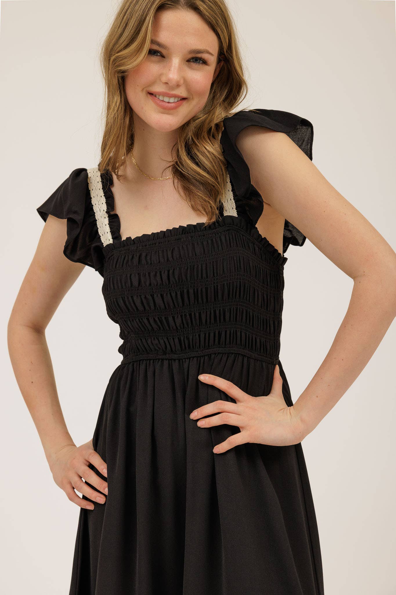CONTRAST DETAIL SMOCKED RUFFLE MIDI DRESS