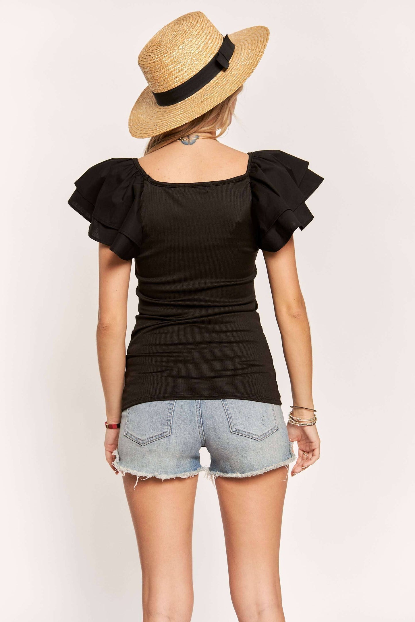 LT17048 - LAYERED RUFFLE SLEEVE RIBBED TOP