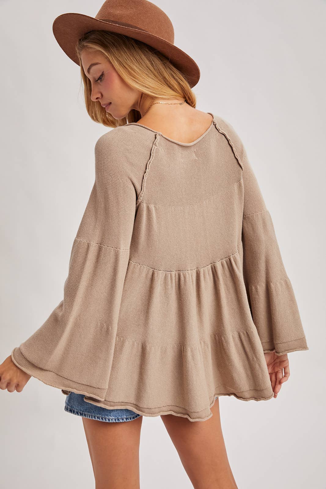 OVER STITCH TIERED BABY DOLL BELL SLEEVED SWEATER