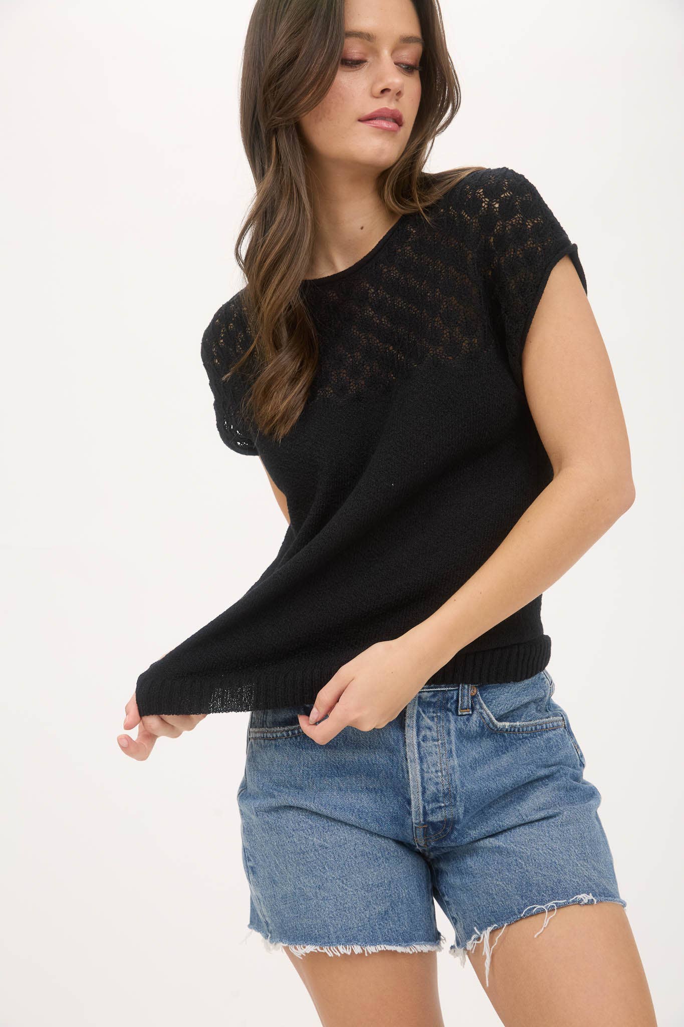 EYELET YOKE SWEATER KNIT TOP