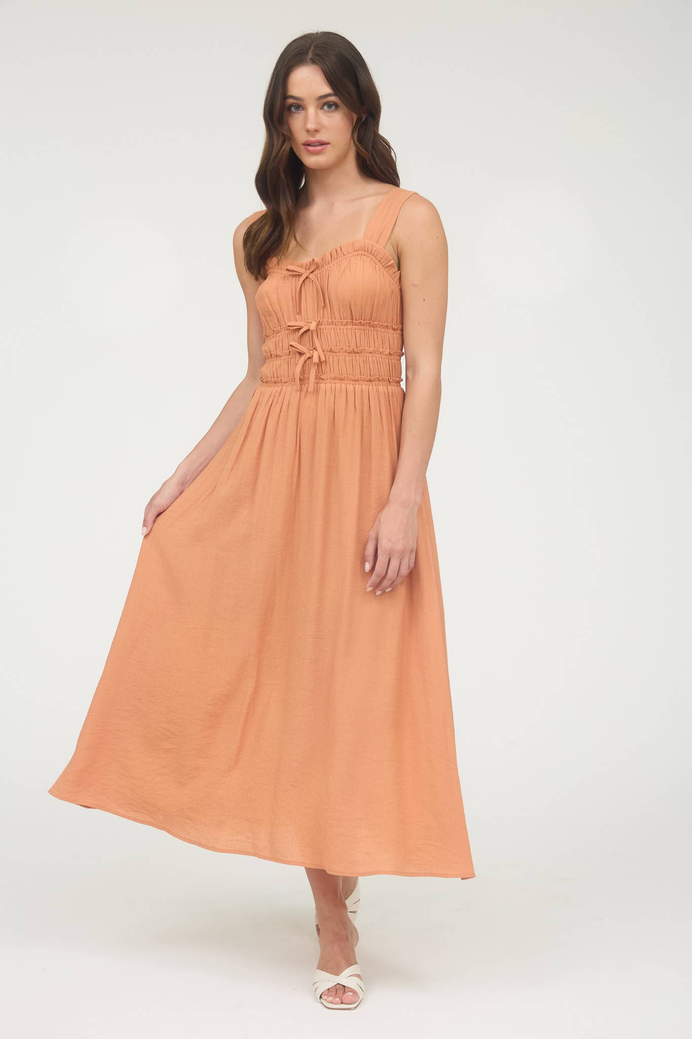 SHIRRED FRONT TIE DETAIL SLEEVELESS MIDI DRESS