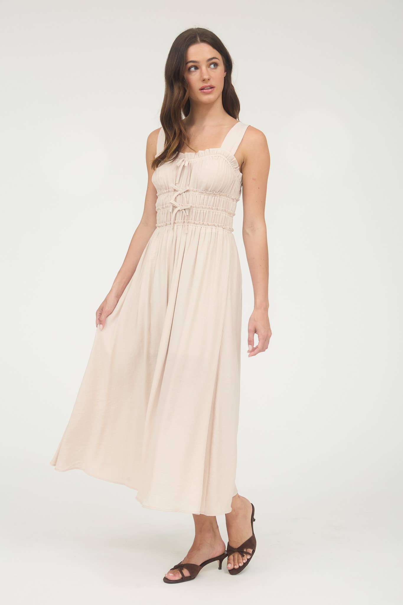 SHIRRED FRONT TIE DETAIL SLEEVELESS MIDI DRESS