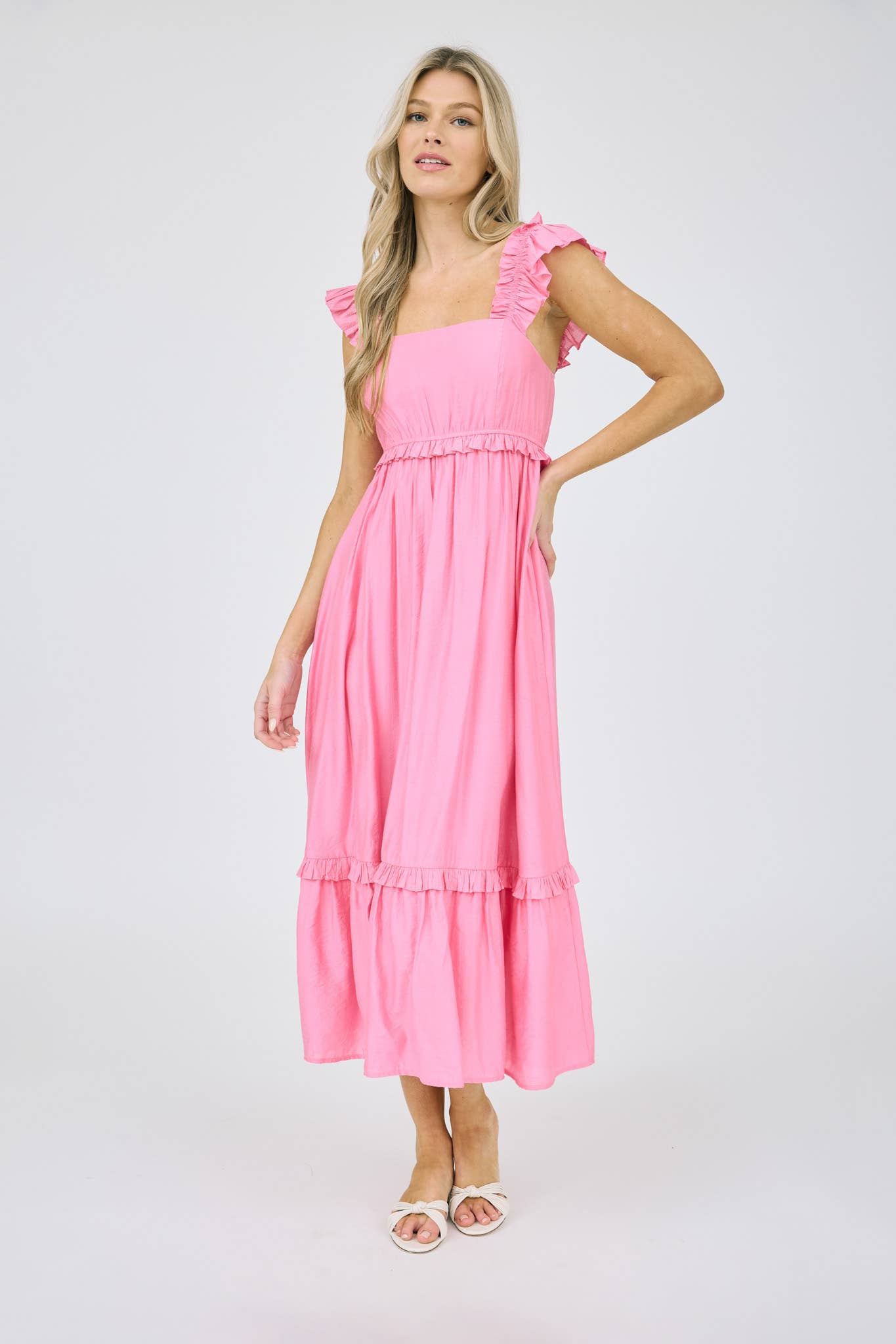RUFFLE DETAIL EMPIRE WAIST SLEEVELESS MIDI DRESS