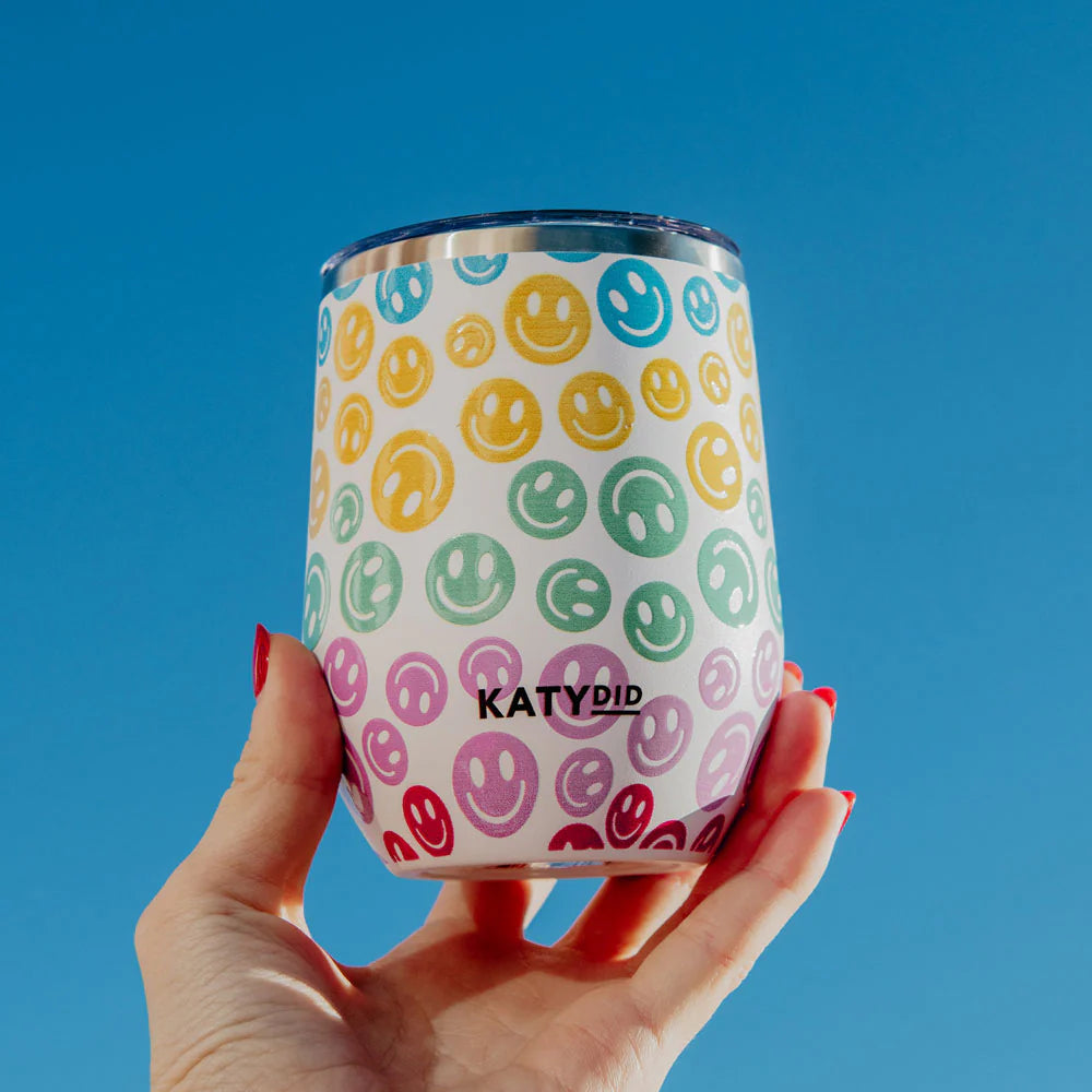 Pastel Happy Face Wholesale 12 Oz WINE TUMBLER With Lid - Pastel