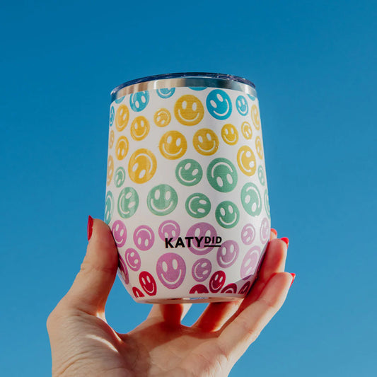 Pastel Happy Face Wholesale 12 Oz WINE TUMBLER With Lid - Pastel