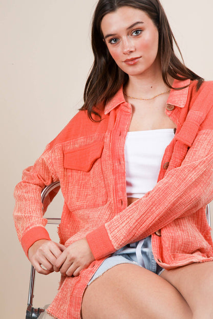 NJ90360-Mineral Washed Oversized Gauze Shacket Jacket