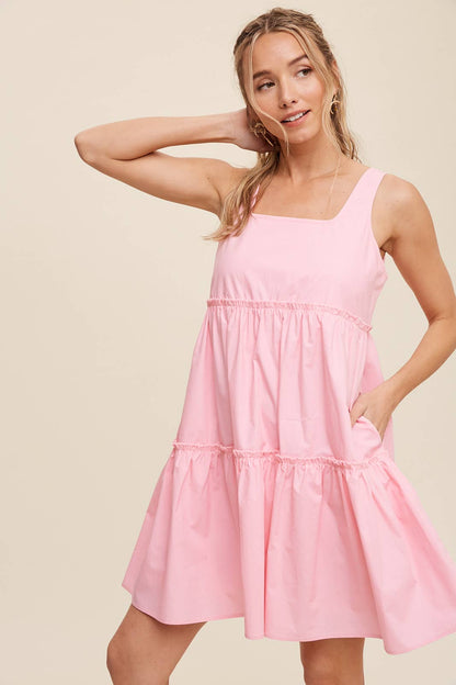 Tiered Square Neck Poplin Dress
