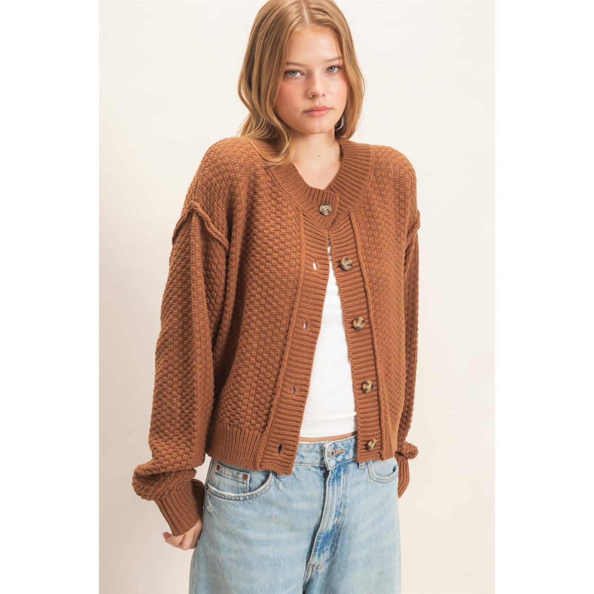 Textured Knit Button-Front Cardigan