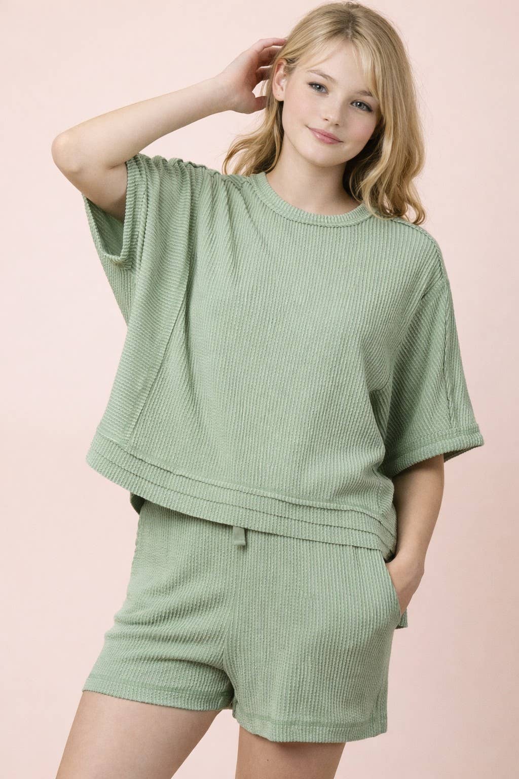 NT12686SET-Ribbed Knit Comfy Top & Shorts Set