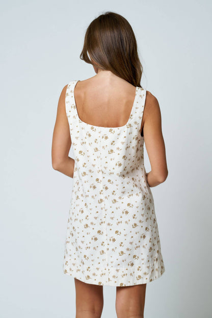 FLORAL FRONT SEAM SLEEVELESS DENIM MINI DRESS