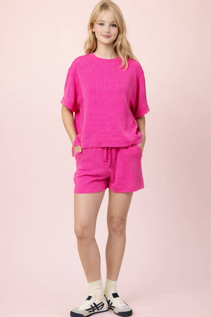 NT12686SET-Ribbed Knit Comfy Top & Shorts Set