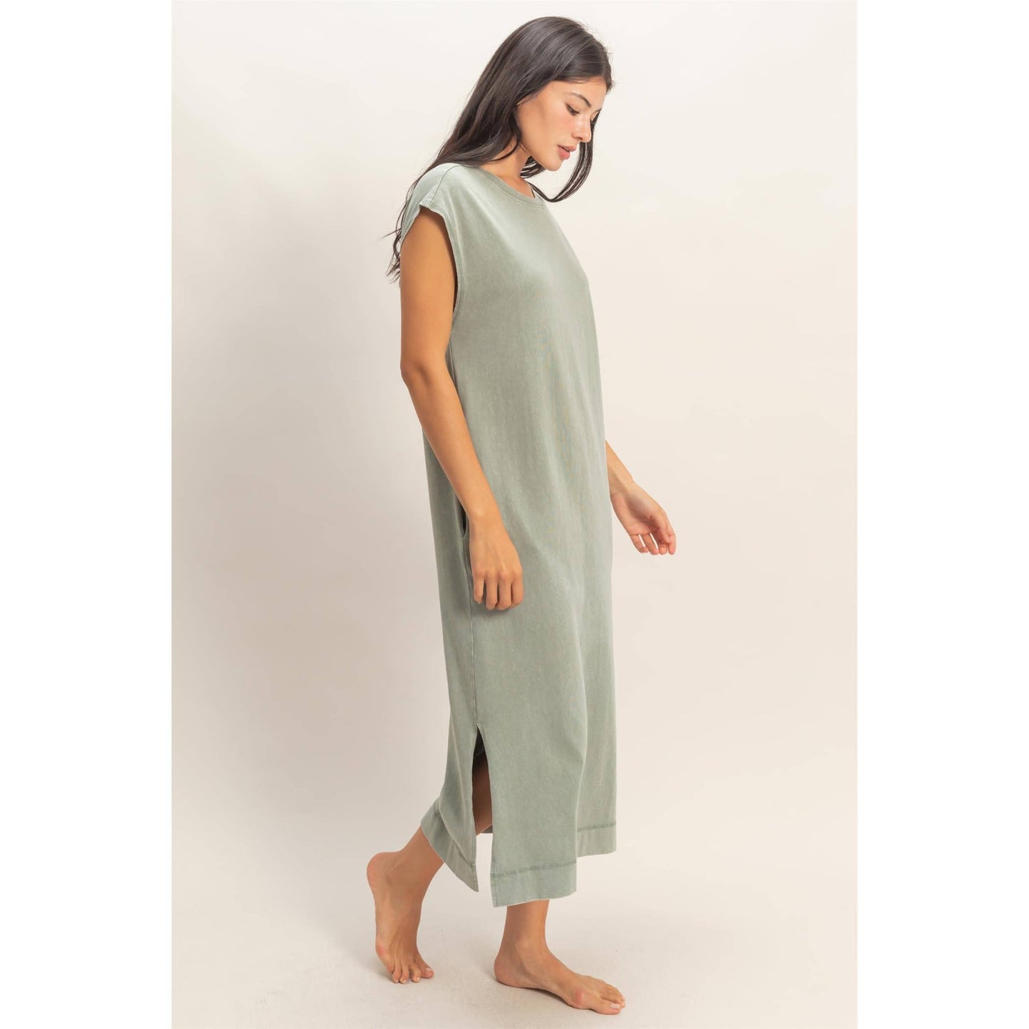 Mineral Wash Cap Sleeve Midi Dress